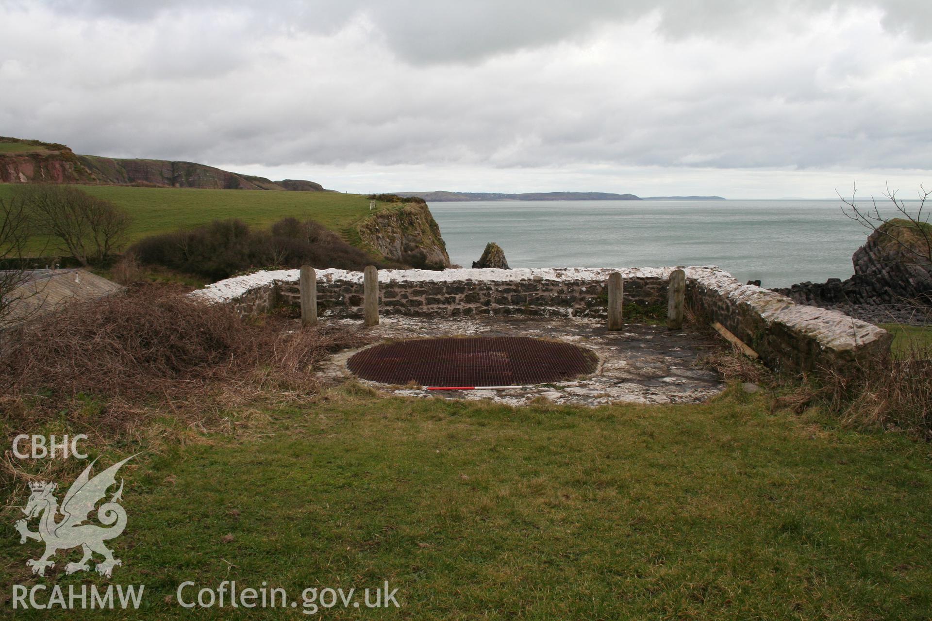 View from the top of Stackpole Quay Limekiln looking out to see. Part of digital photographic survey produced by Louise Barker of the Royal Commission on the Ancient and Historic Monuments of Wales, August 2009.