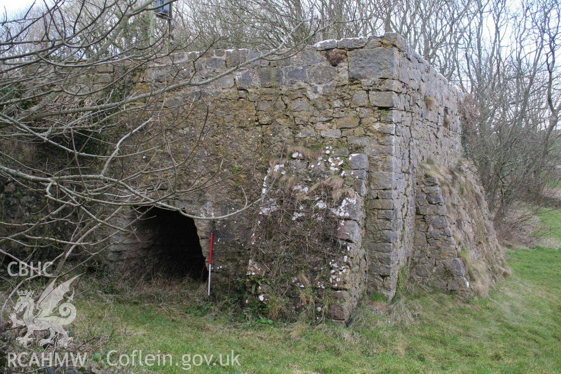 Detailed view of Stackpole Quay Limekiln, with metric stick. Part of digital photographic survey produced by Louise Barker of the Royal Commission on the Ancient and Historic Monuments of Wales, August 2009.
