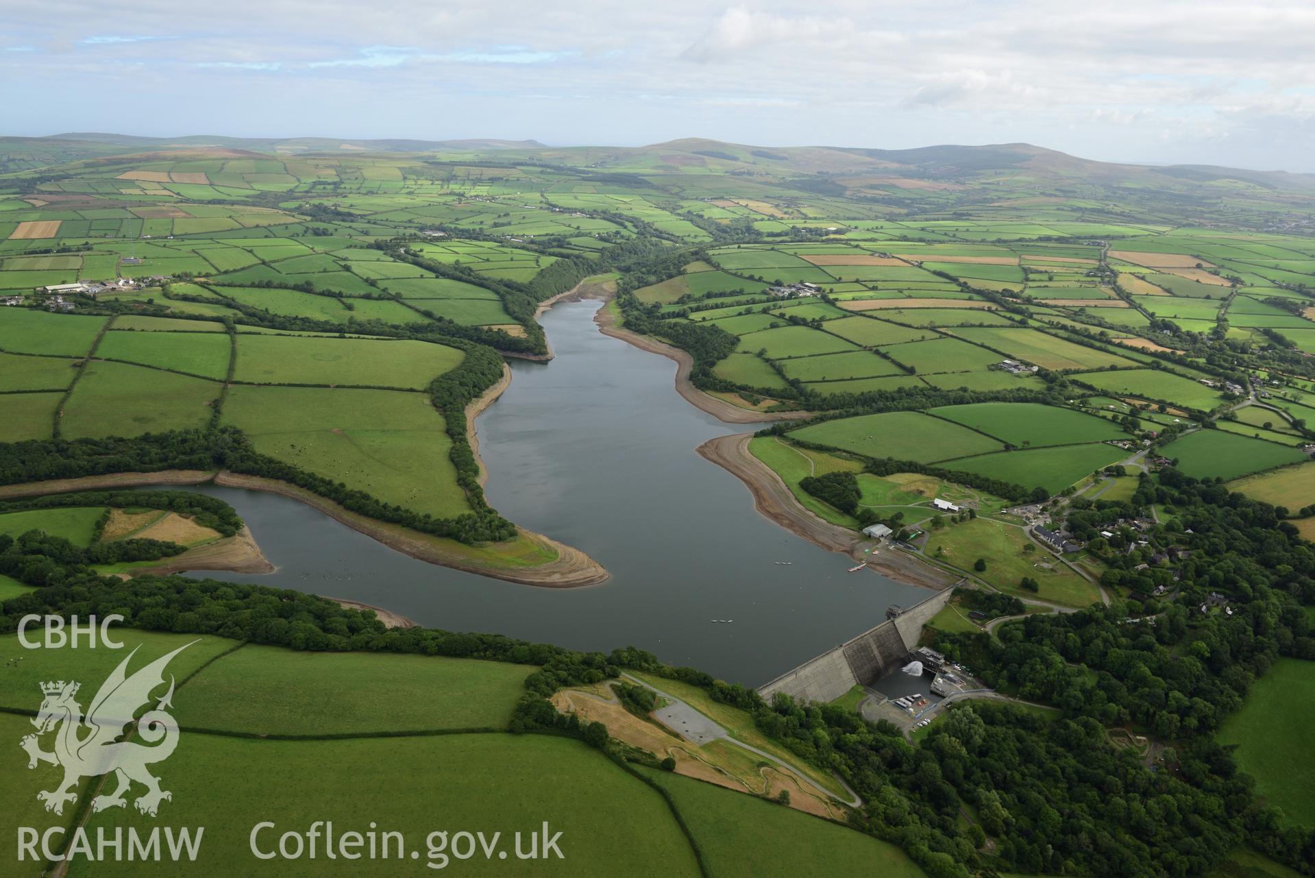 Llys y Fran Reservoir, Pembrokeshire, under drought conditions. Oblique aerial photograph taken during the Royal Commission’s programme of archaeological aerial reconnaissance by Toby Driver on 19 August 2022.