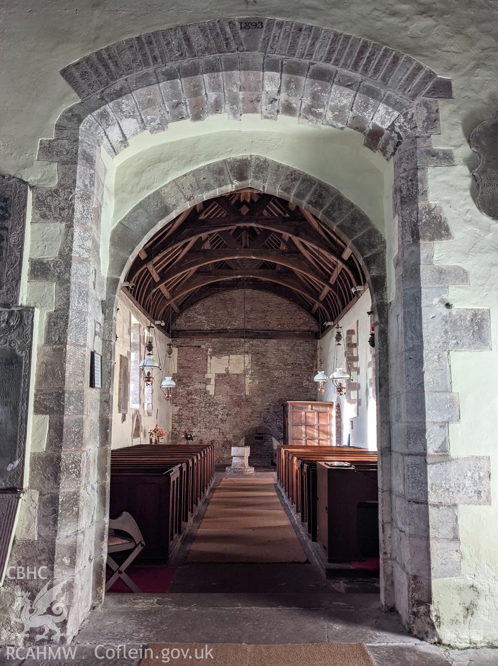 St Davids Church, Llanthony. Nave from chancel towards font and entrance Taken by Meilyr Powel.