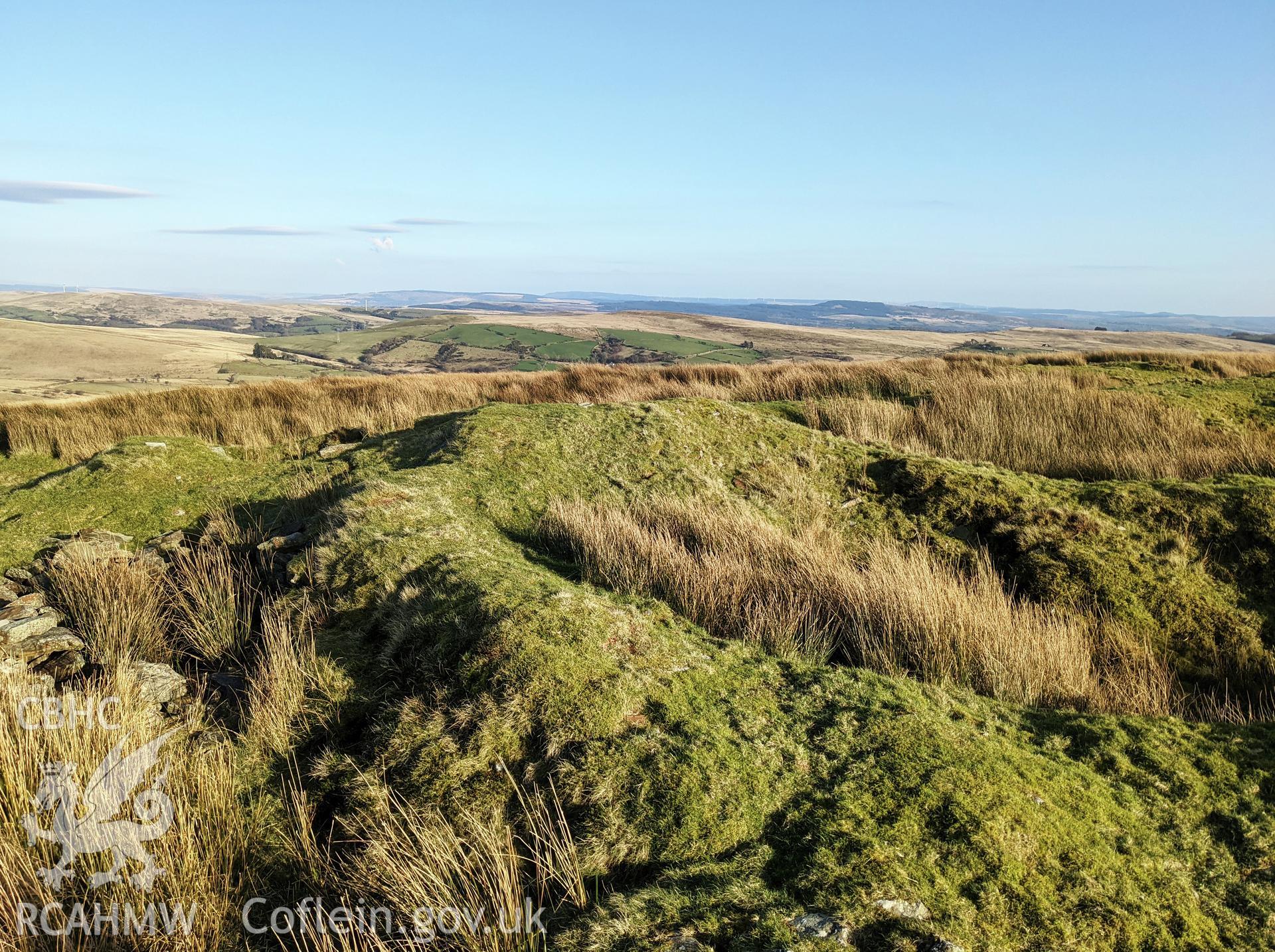 Penlle'r Castell looking east and south east from northern perimeter Taken by Meilyr Powel.