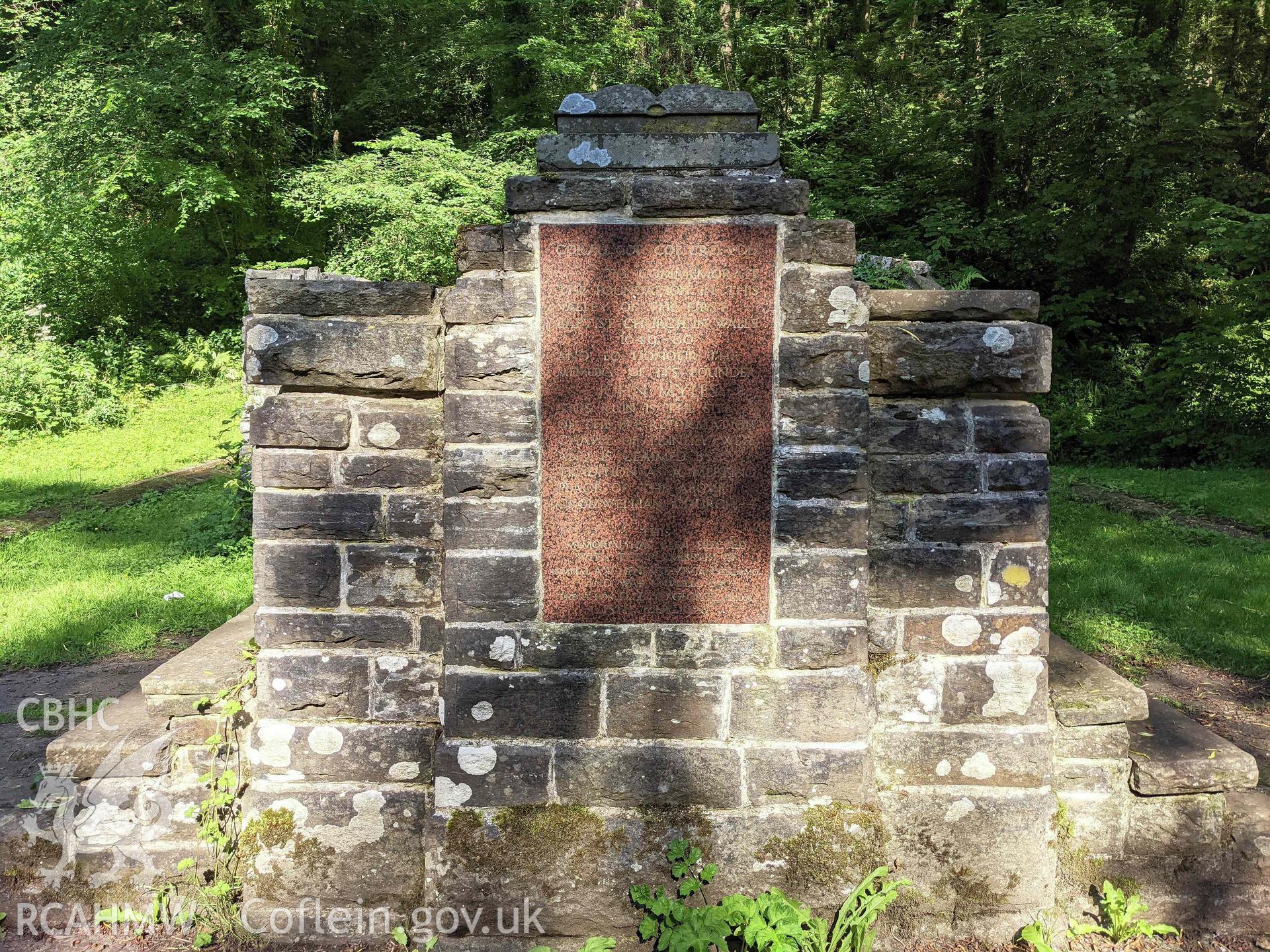 Trinity Well Chapel stone remains, marble engraving Taken by Meilyr Powel.