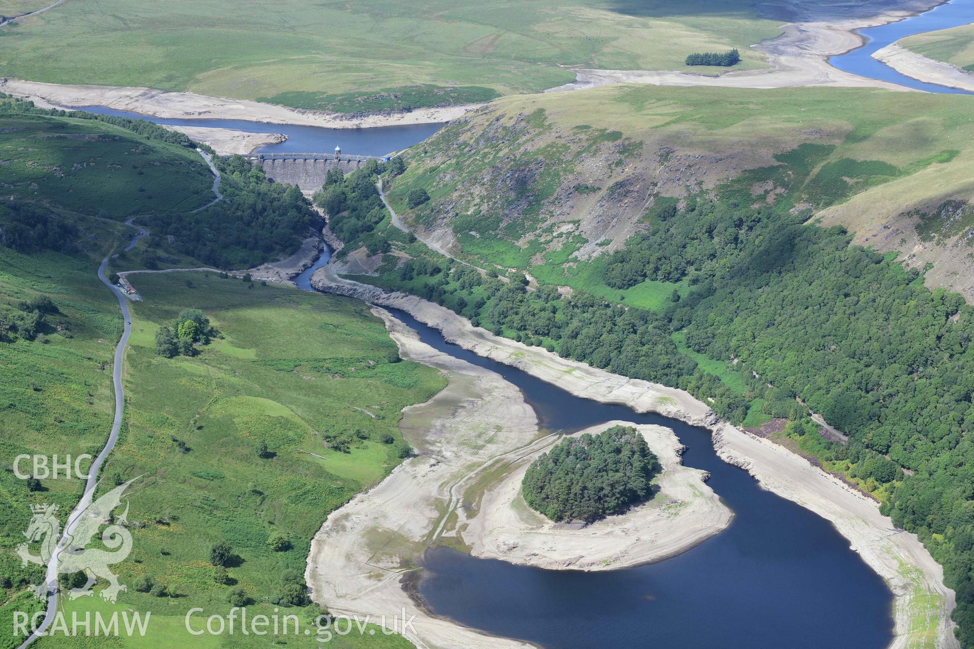 View of Penygarreg reservior, Elan Valley under drought conditions. Oblique aerial photograph taken during the Royal Commission’s programme of archaeological aerial reconnaissance by Toby Driver on 19 August 2022.