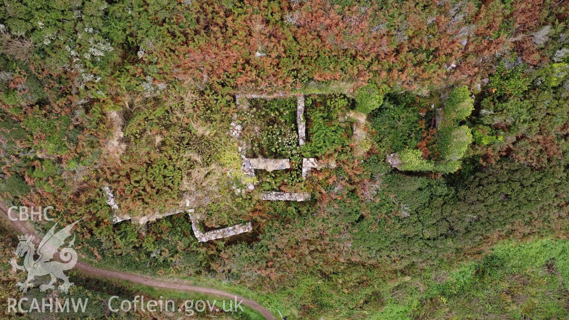 Caer Bwdy Mill, overhead view, north-west is to the top of the image.