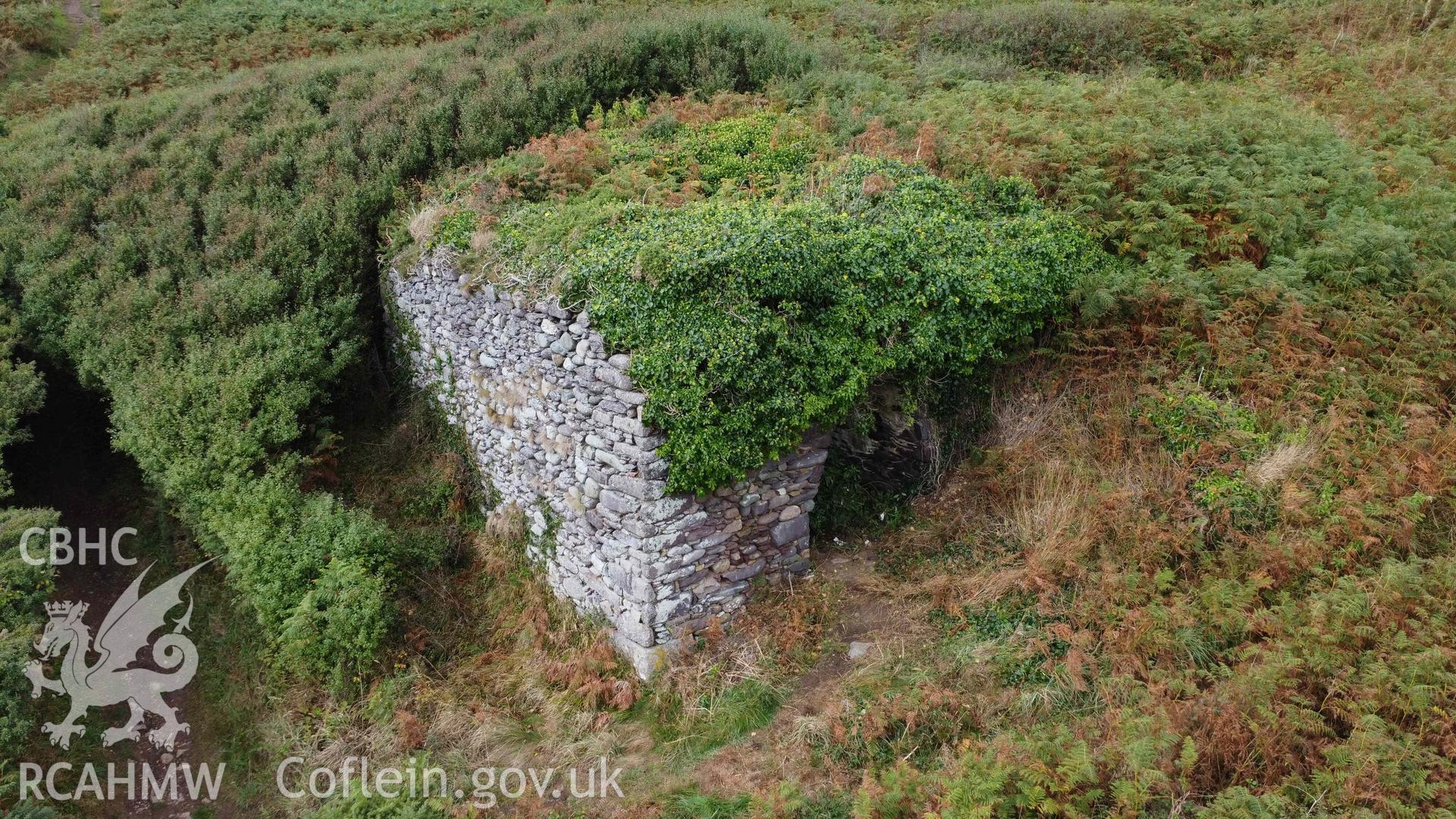 Caer Bwdy Lime Kiln, elevated view of the lime kiln from the south-east corner, including the eastern kiln-eye.