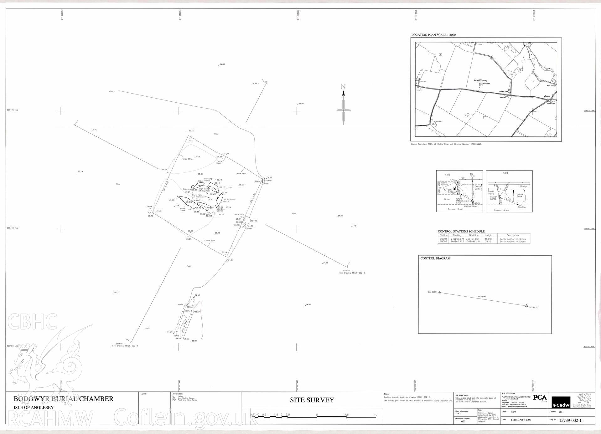 Cadw guardianship monument survey drawing of Barclodiad y Gawres Round Barrow: Site Survey. Digitised copy of original awaiting transfer from Cadw.