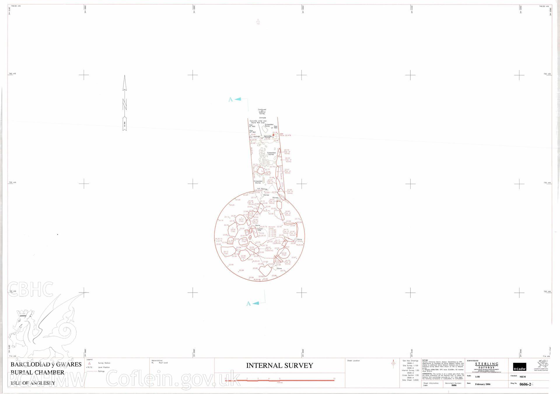 Cadw guardianship monument survey drawing of Barclodiad y Gawres Round Barrow: Internal Survey. Digitised copy of original awaiting transfer from Cadw.