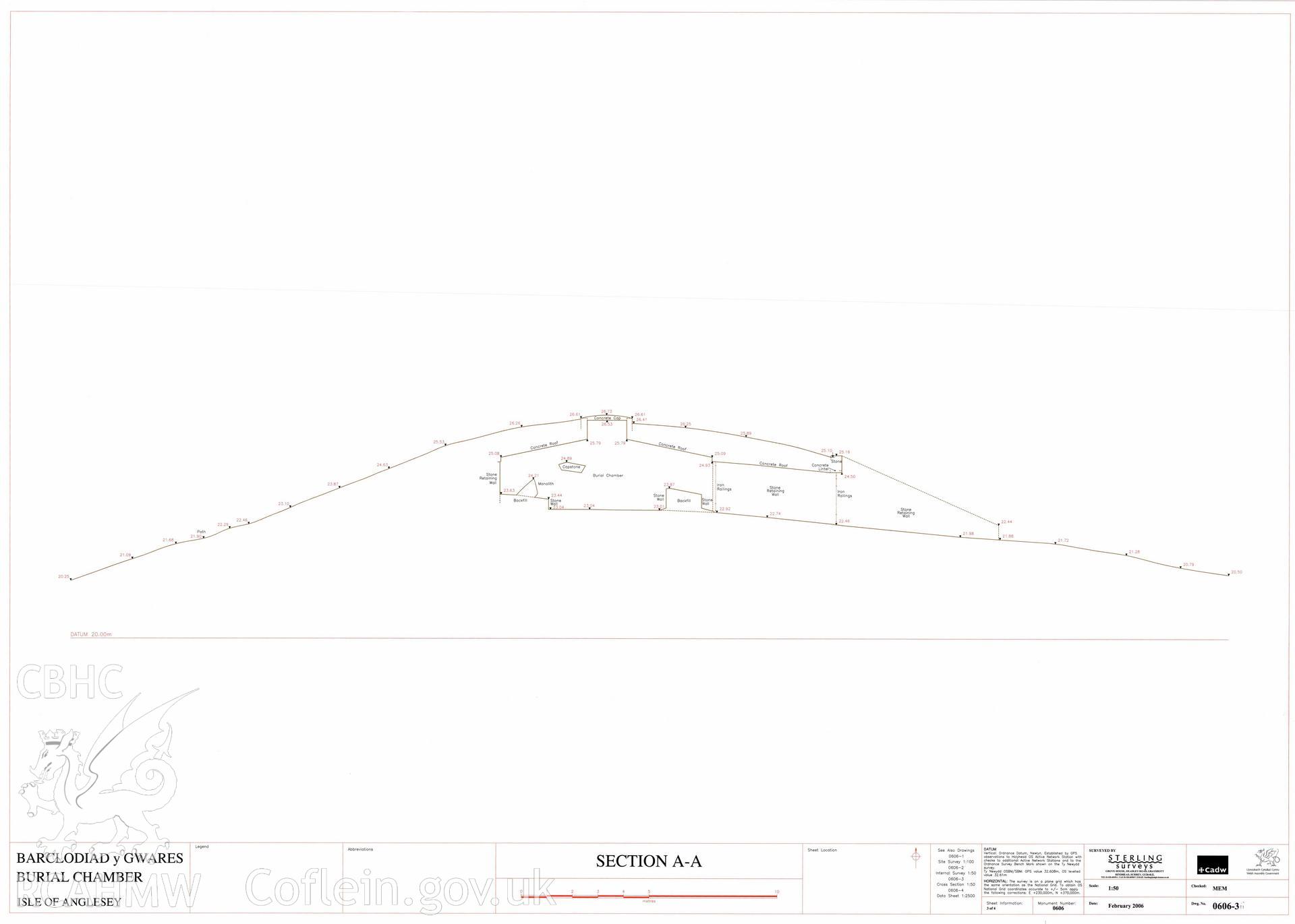 Cadw guardianship monument survey drawing of Barclodiad y Gawres Round Barrow: Section A-A. Digitised copy of original awaiting transfer from Cadw.