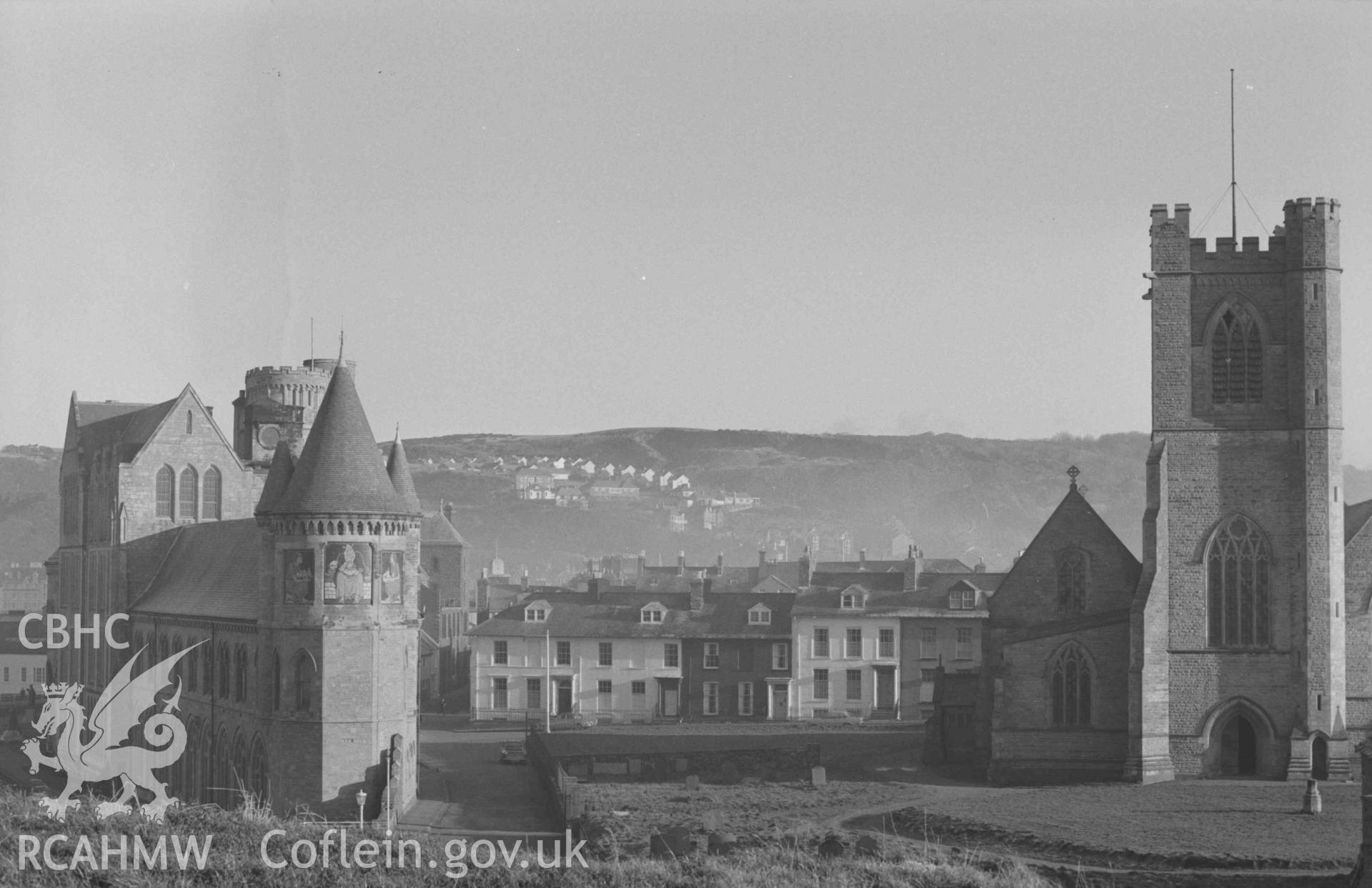 Digital copy of a black and white negative showing view of University College Wales, Laura Place and St Michael's Church from Aberystwyth Castle. Photographed by Arthur Chater on 27 December 1968. Looking east north east from Grid Reference SN 5796 8157.