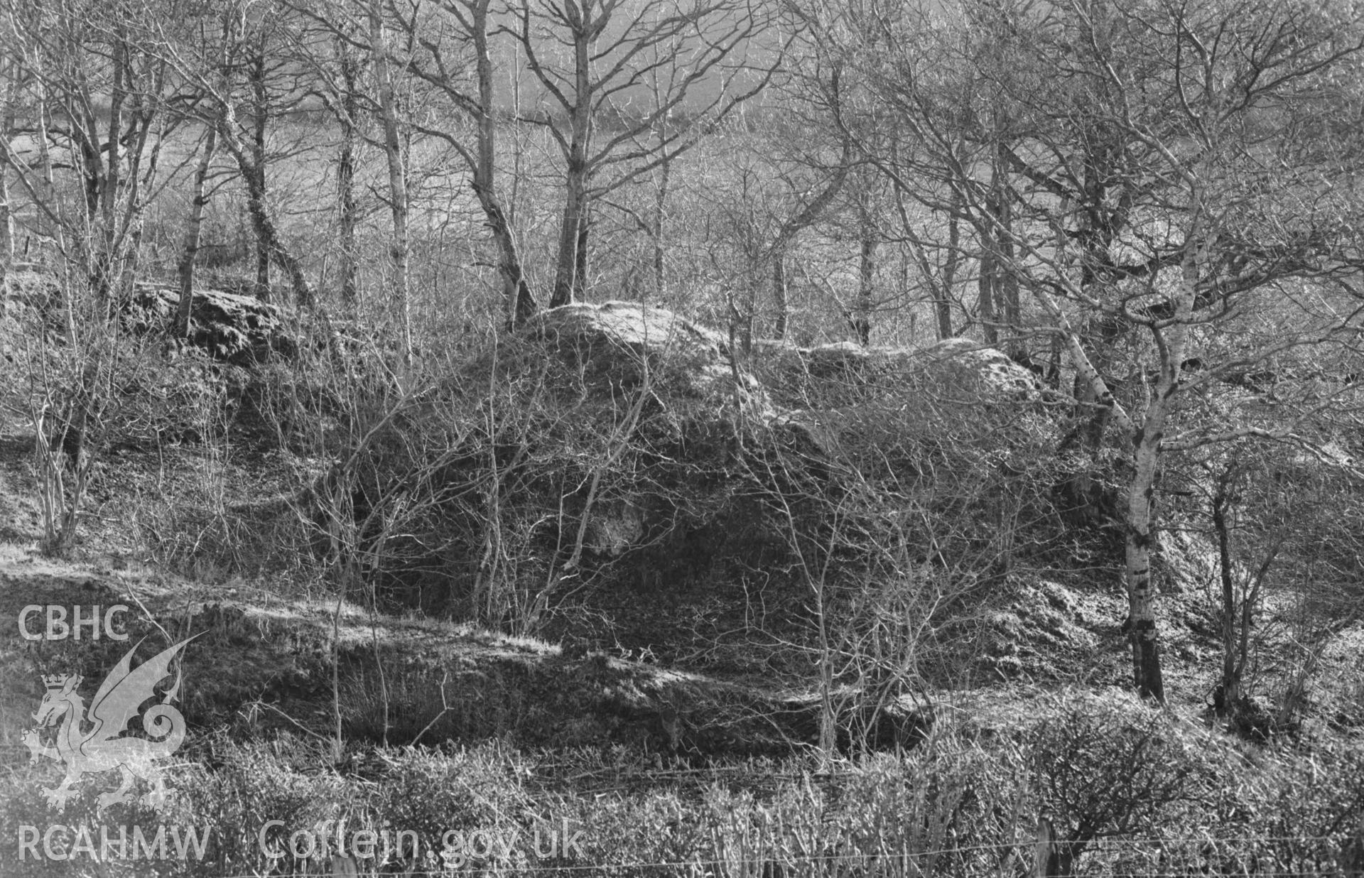 Digital copy of a black and white negative showing Castell Peithyll motte. Photographed by Arthur Chater on 5 January 1969. Looking south south east from Grid Reference SN 6530 8246.