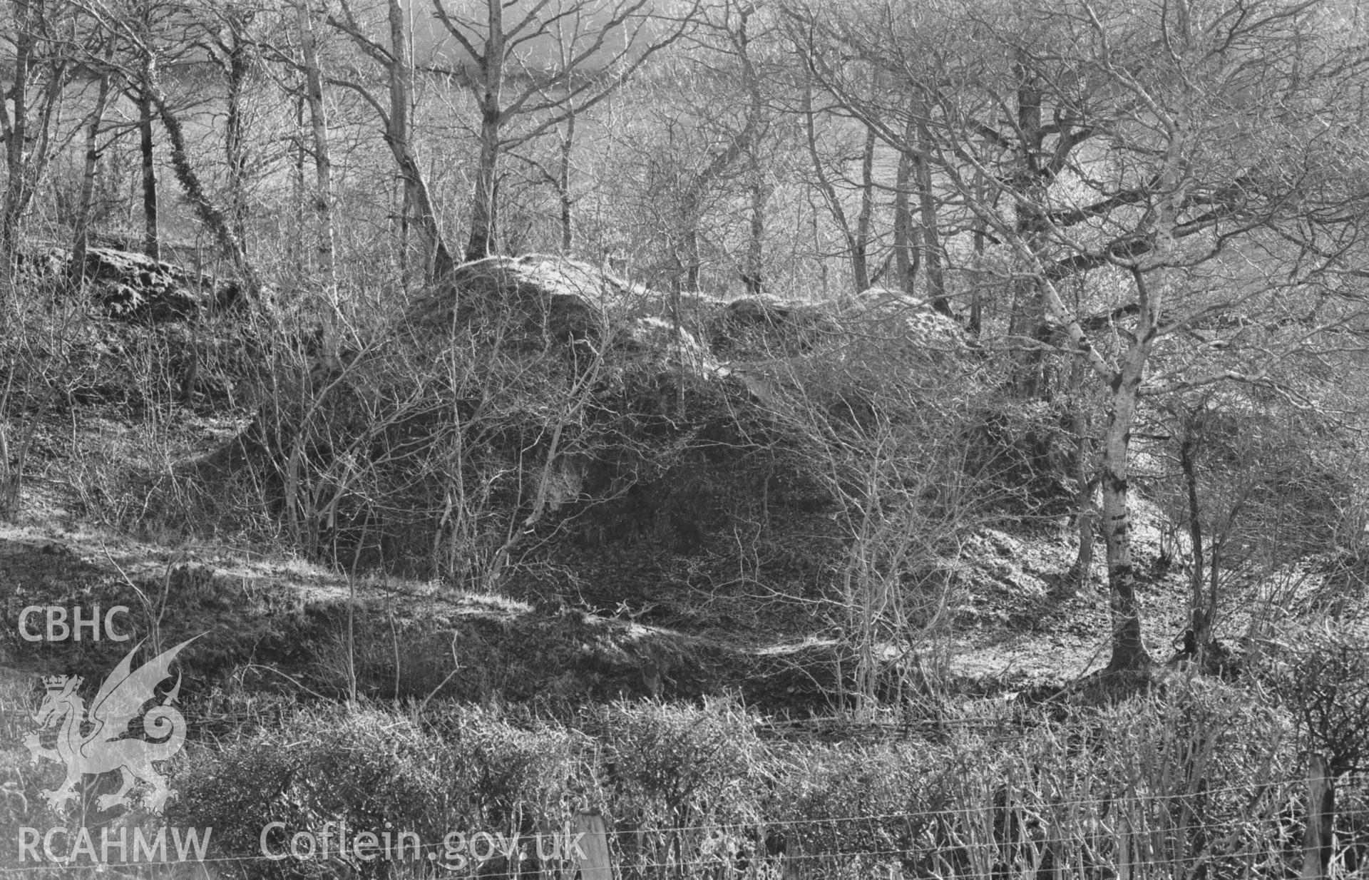 Digital copy of a black and white negative showing Castell Peithyll motte (Panorama, photo 1 of 2). Photographed by Arthur Chater on 5 January 1969. Looking south south east from Grid Reference SN 6530 8246.