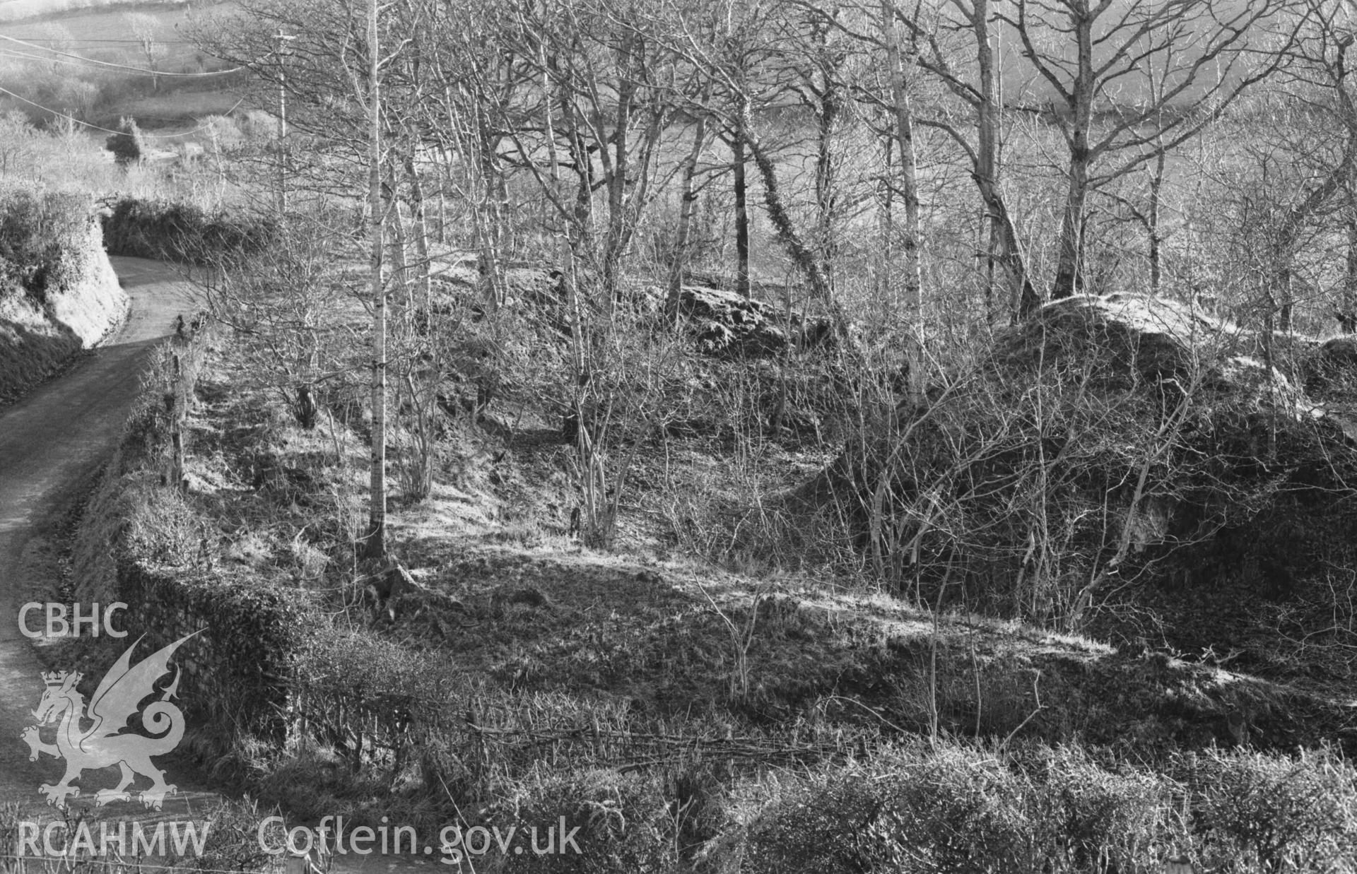 Digital copy of a black and white negative showing Castell Peithyll motte (Panorama, photo 2 of 2). Photographed by Arthur Chater on 5 January 1969. Looking south south east from Grid Reference SN 6530 8246.