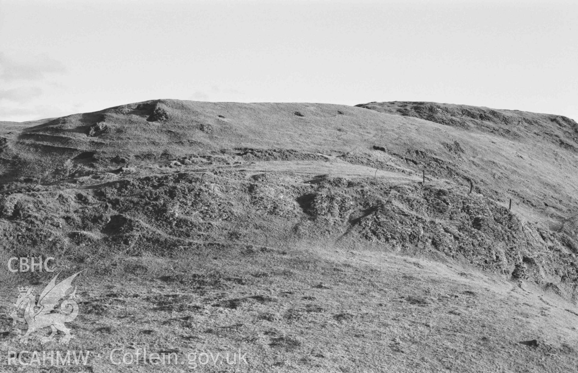 Digital copy of a black and white negative showing Castell Bwa Drain (panorama, photo 2 of 3). Photographed by Arthur Chater on 5 January 1969. Looking east from Grid Reference SN 712 795.