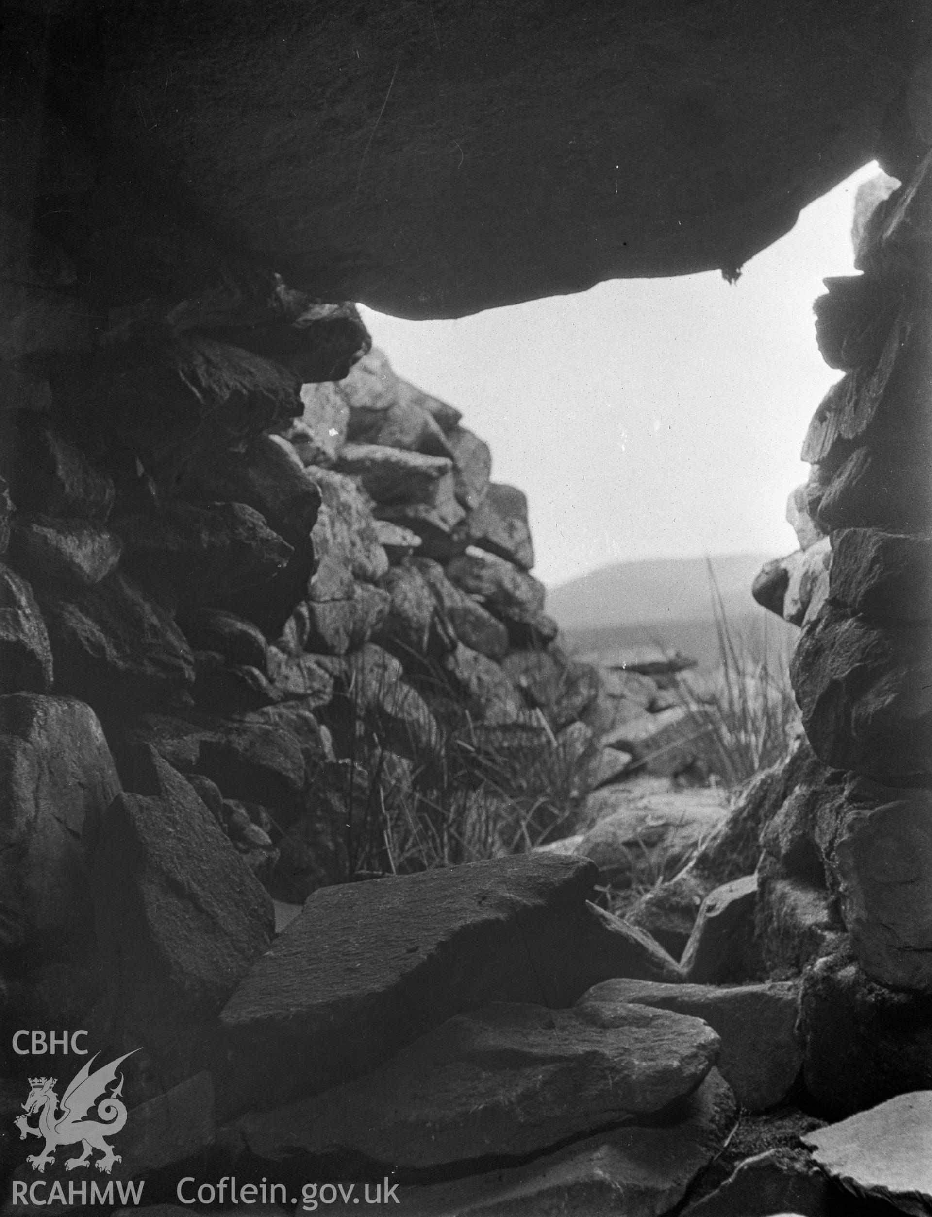 Digital copy of a nitrate negative showing Carneddau Hengwm Long Cairns.