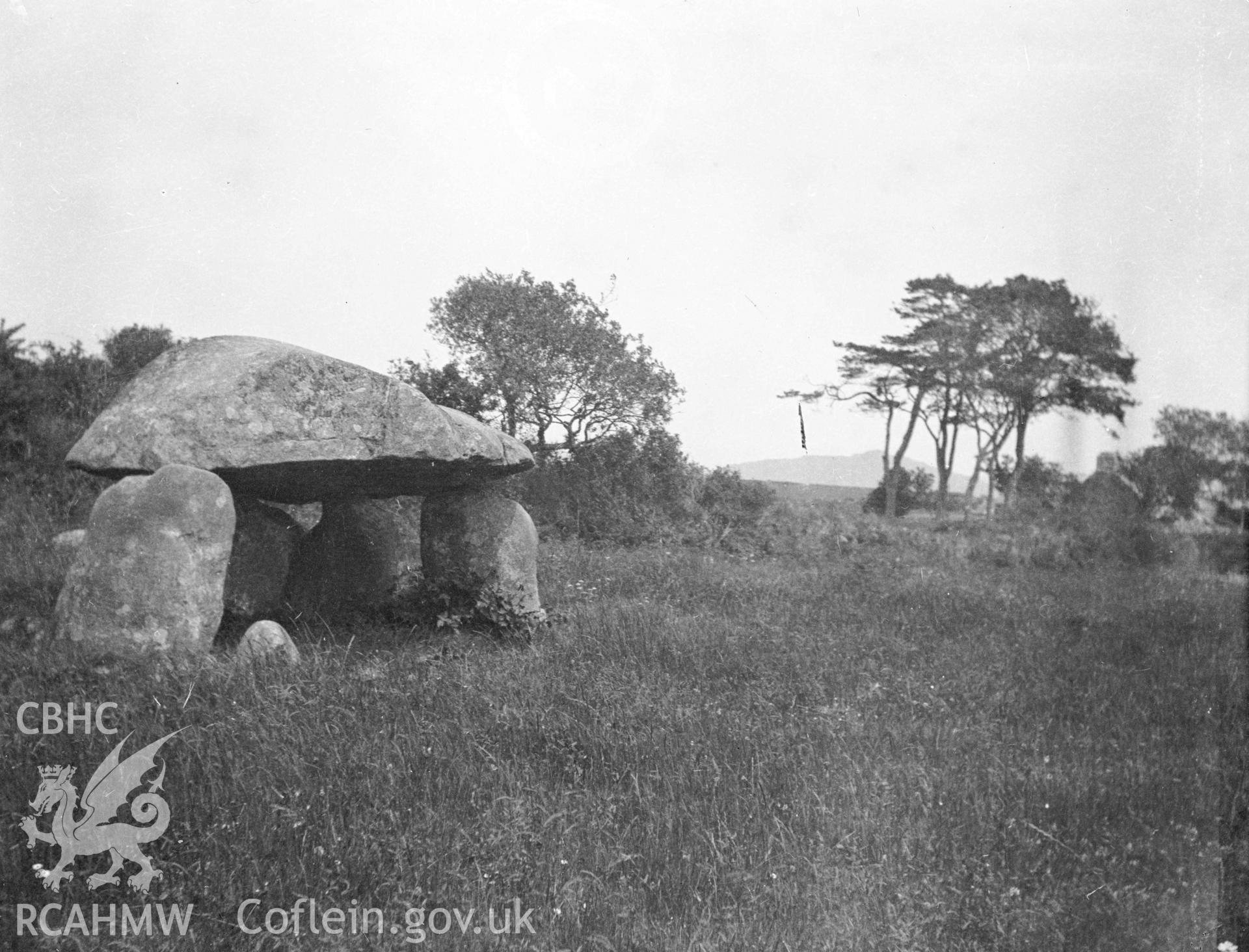 Digital copy of a nitrate negative showing Cefn Isaf Burial Chamber.