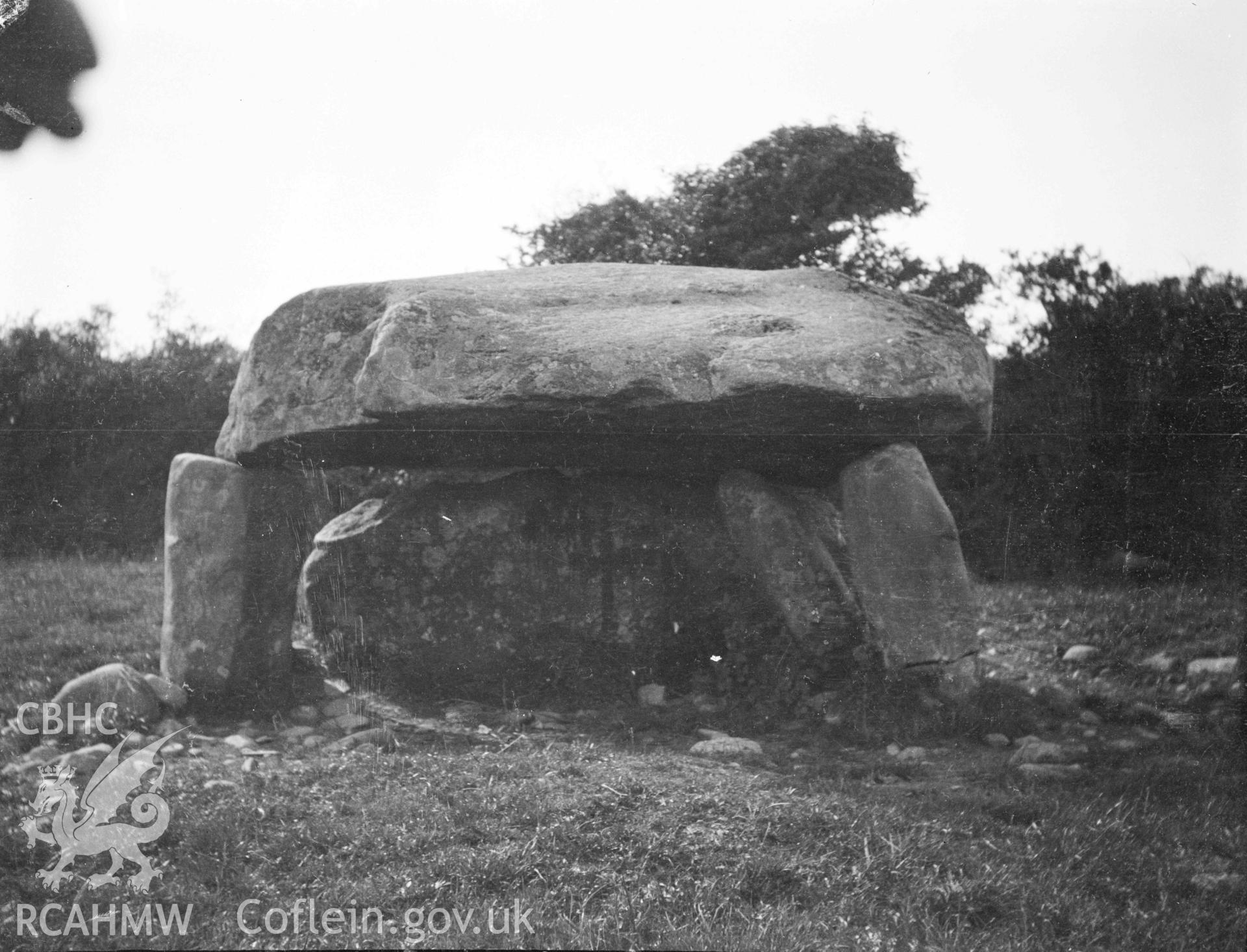 Digital copy of a nitrate negative showing Cefn Isaf Burial Chamber.