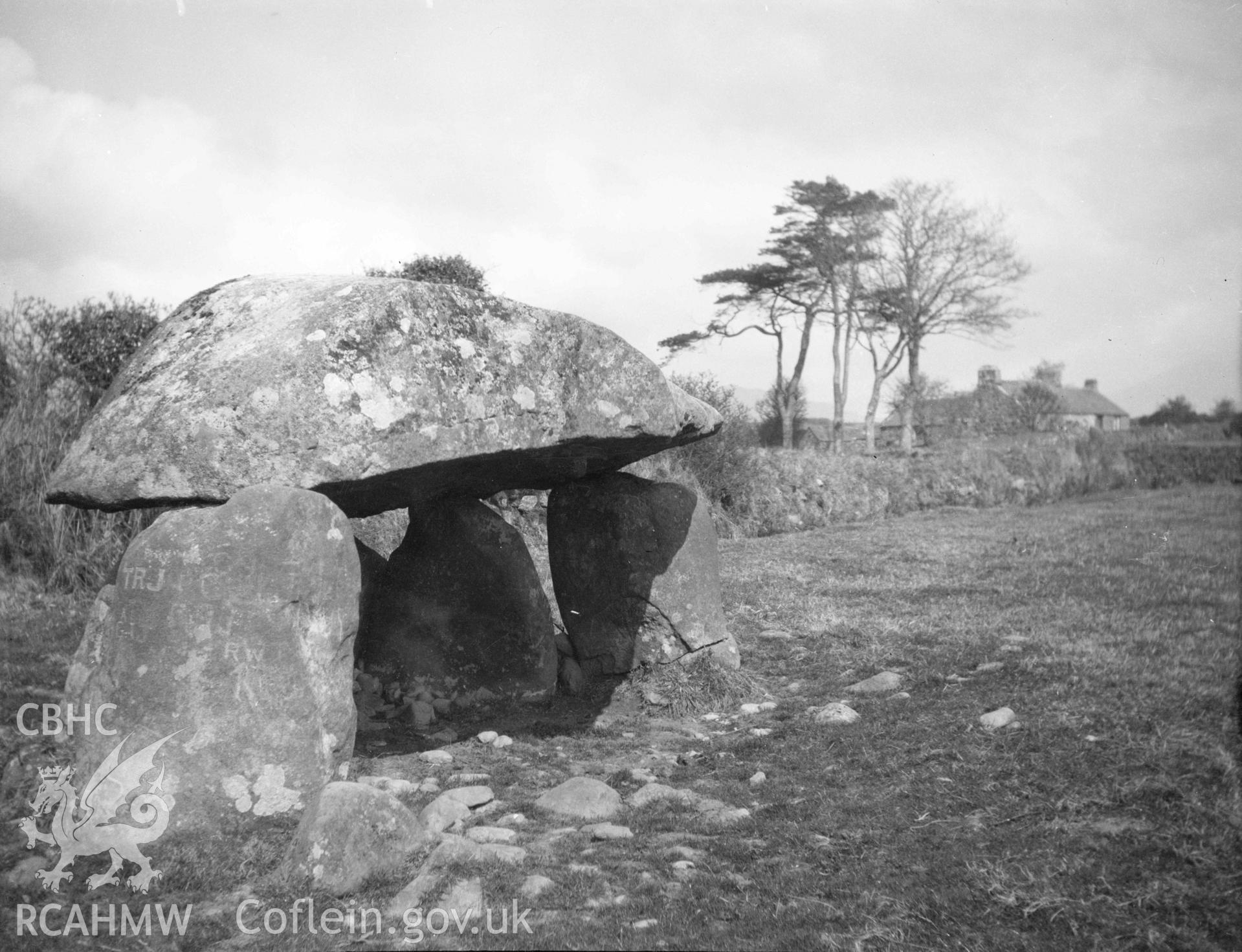 Digital copy of a nitrate negative showing Cefn Isaf Burial Chamber.