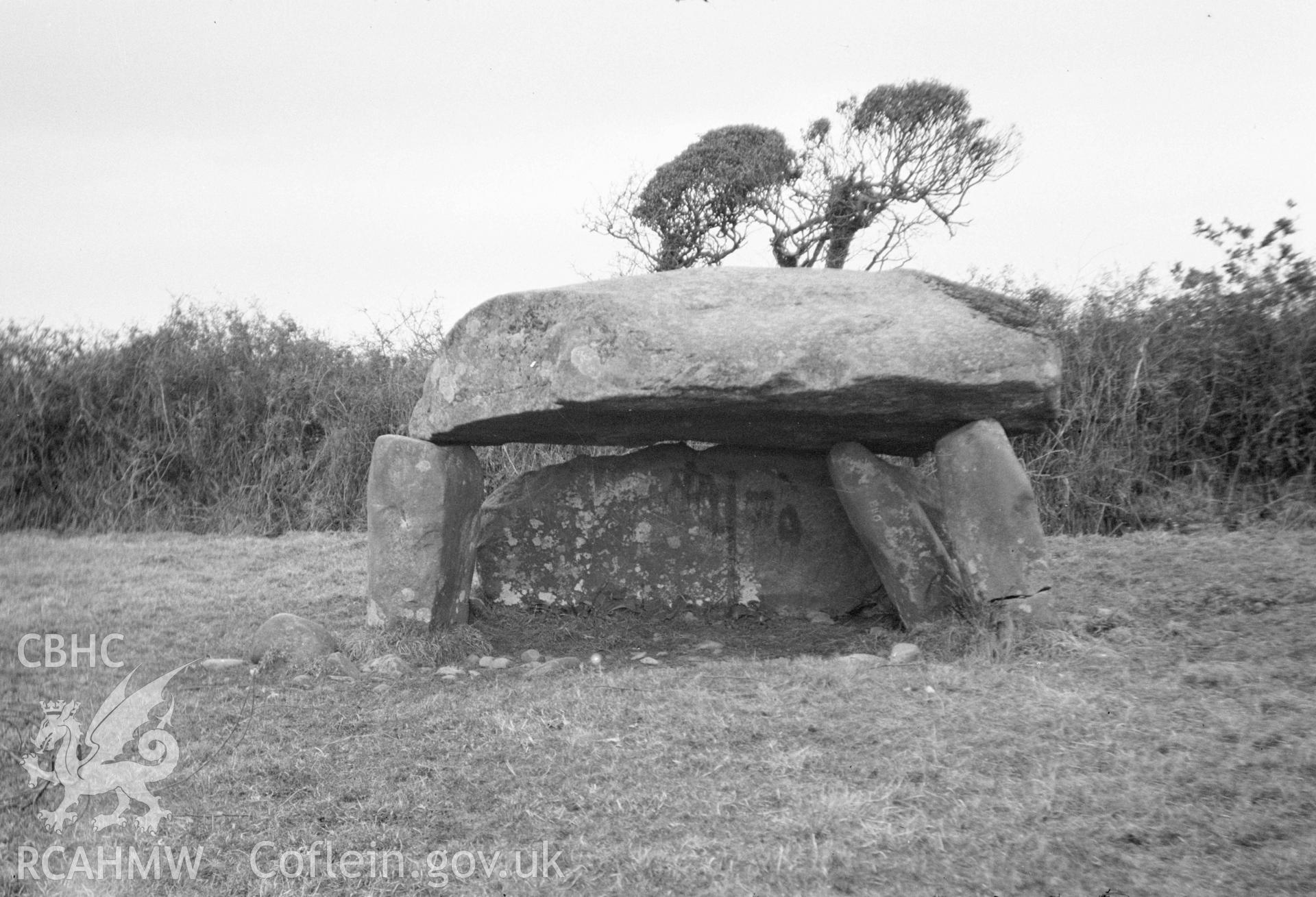 Digital copy of a nitrate negative showing Cefn Isaf Burial Chamber.