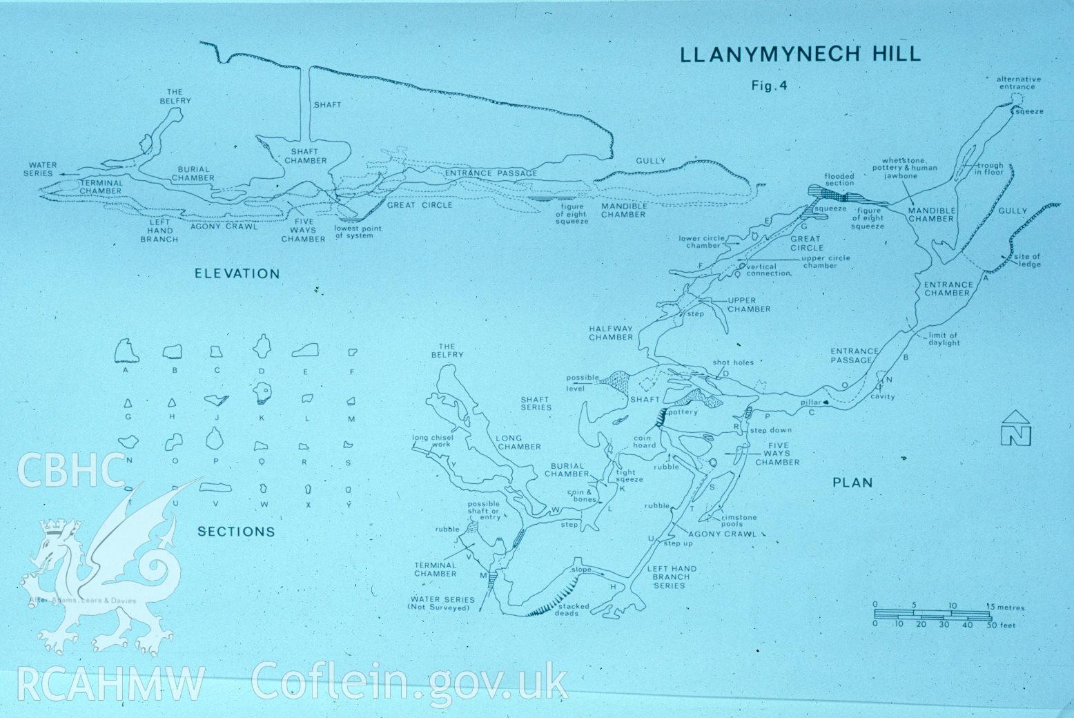 Digital image of photo of entrance within collapsed chamber (gully) at Llanymynech and plan of ?labyrinthine passages? to underground workings - Tyler, 1982 and Adams, 1970