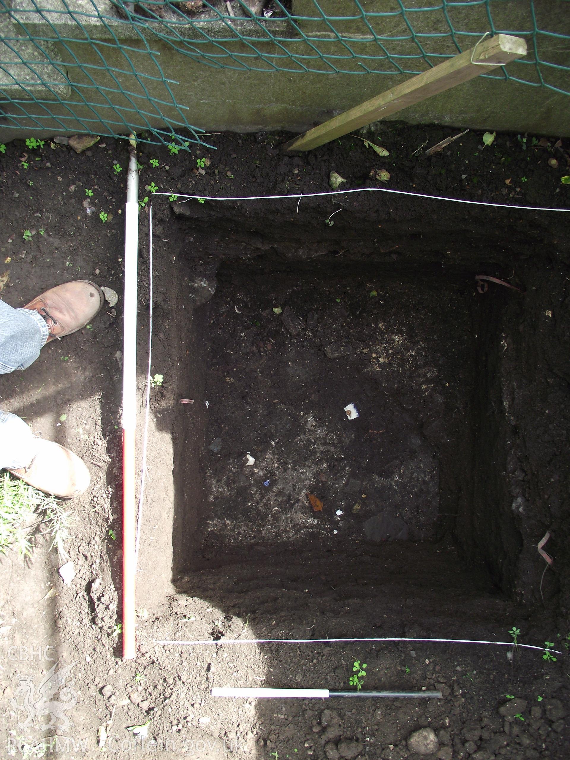 Digital photograph showing excavated area at 1A White Hart Lane and 30 High Street (Bank House), Caerleon. Produced by M. Lewis, National Roman Legion Museum. August 2012.