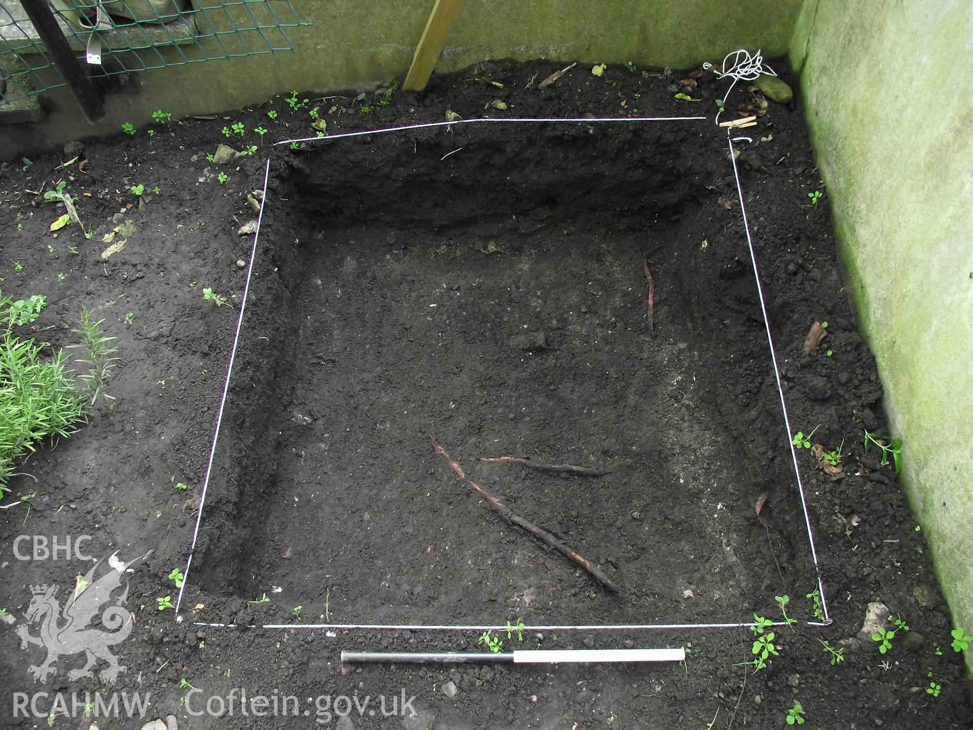 Digital photograph showing excavated area at 1A White Hart Lane and 30 High Street (Bank House), Caerleon. Produced by M. Lewis, National Roman Legion Museum. August 2012.