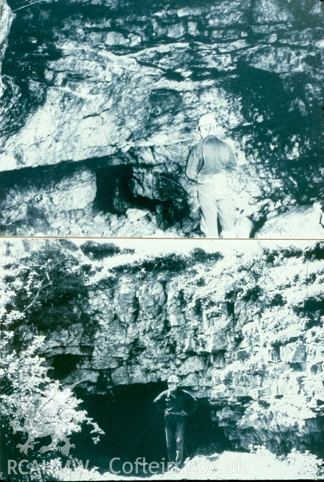 Digital image of photo of entrance within collapsed chamber (gully) at Llanymynech and plan of ?labyrinthine passages? to underground workings - Tyler, 1982 and Adams, 1970