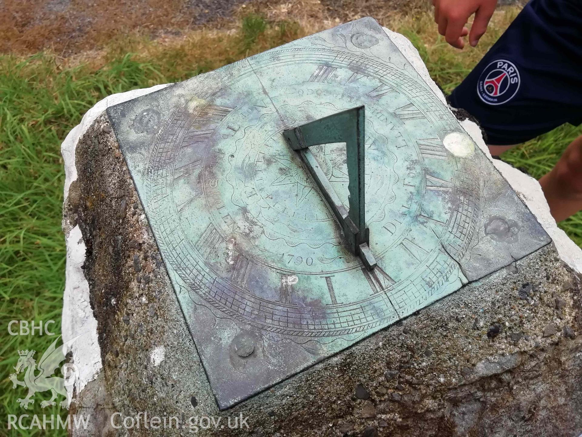 Digital colour photograph showing sundial dated 1790 at St Tysilio's Church, near Cwmtydu.