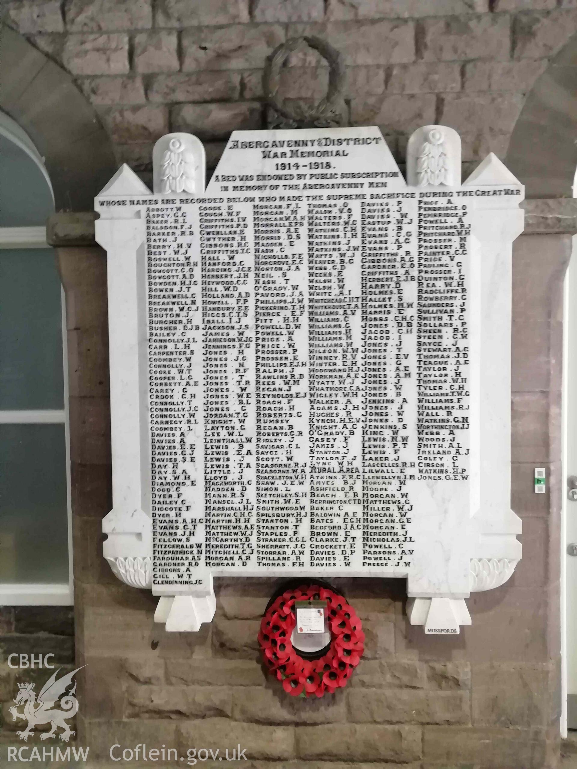 Digital colour photograph showing Abergavenny War Memorials, located in at the entrance to Market Hall.