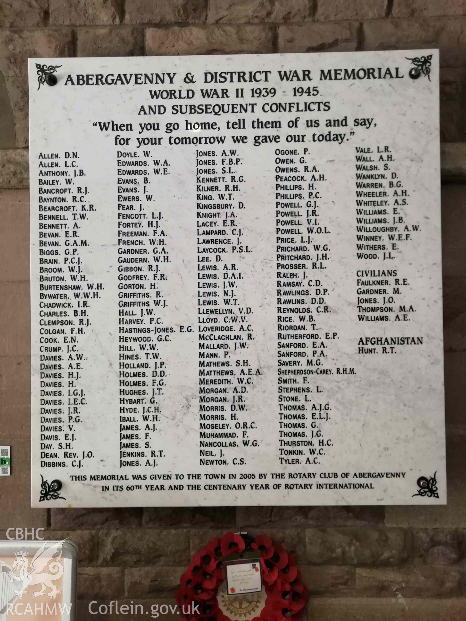 Digital colour photograph showing Abergavenny War Memorials, located in at the entrance to Market Hall.