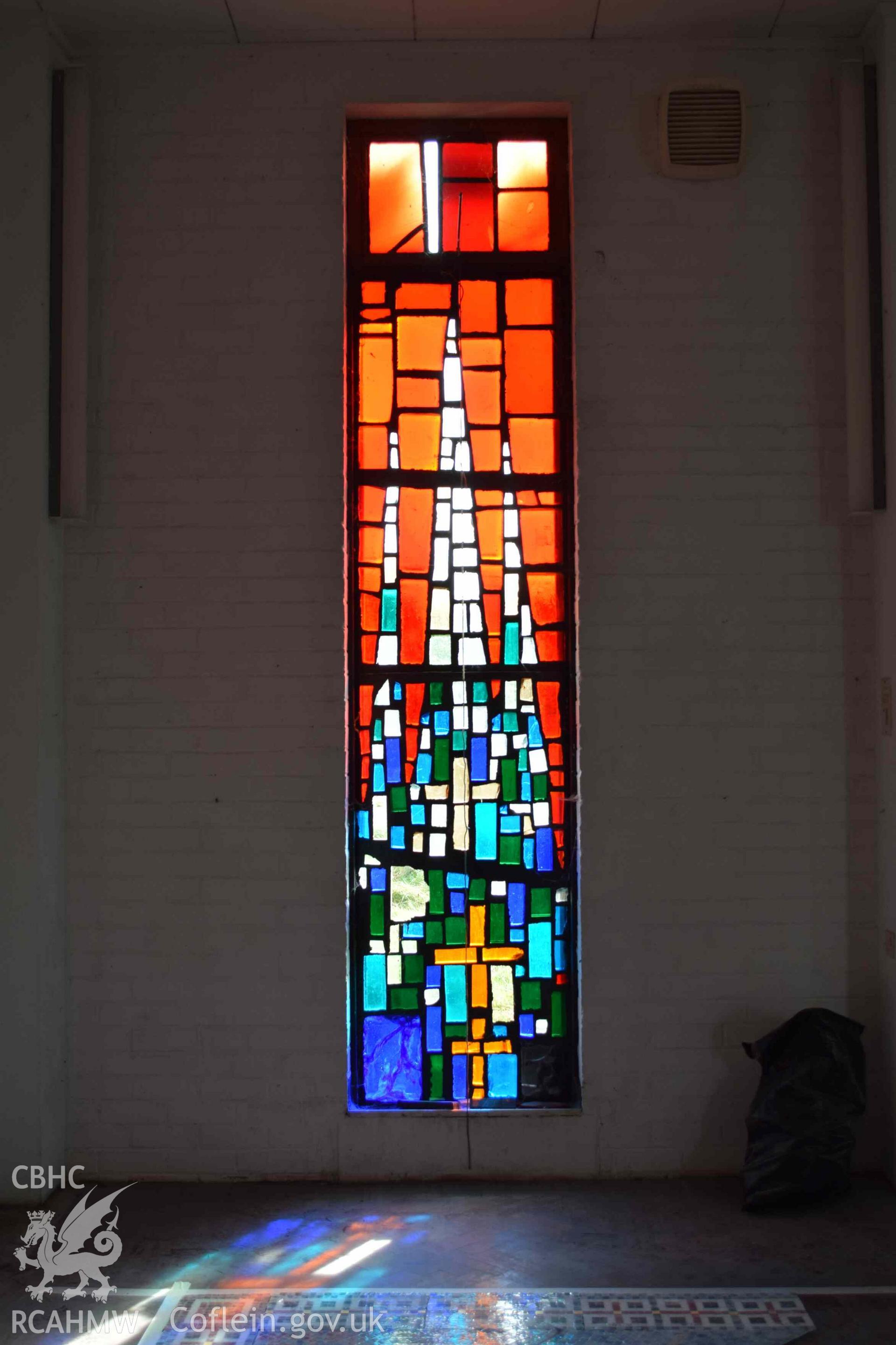 Photograph showing a Jonah Jones Dalle de Verre window (10b), at the church of The Resurrection of Our Saviour, Morfa Nefyn, taken on behalf of the Architectural Glass Centre during the removal of the windows in March 2019.
