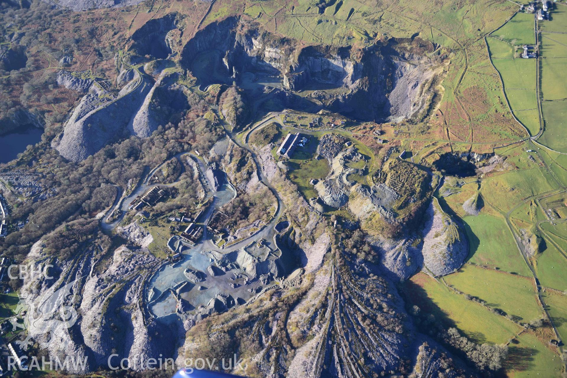 Oblique aerial photograph of Pen-yr-Orsedd slate quarry taken from the south east during the Royal Commission