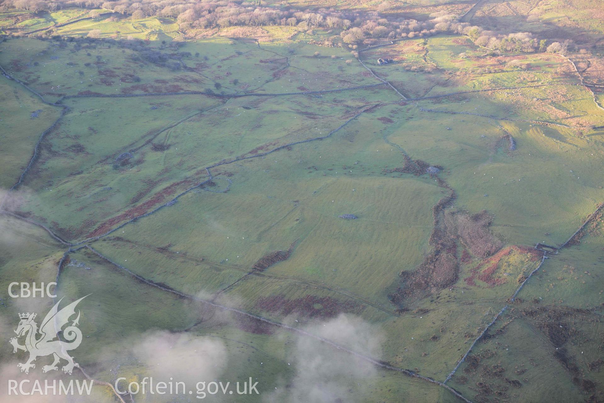 Oblique aerial photograph of Ffridd Fedw huts and enclosures, with Tyddyn Sion ring cairn beyond, view from SE, taken during the Royal Commission