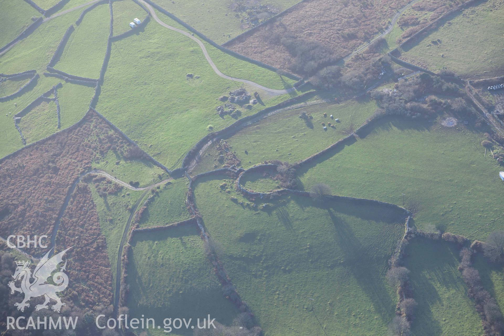 Oblique aerial photograph of Brwyn Llynau enclosed settlement taken during the Royal Commission