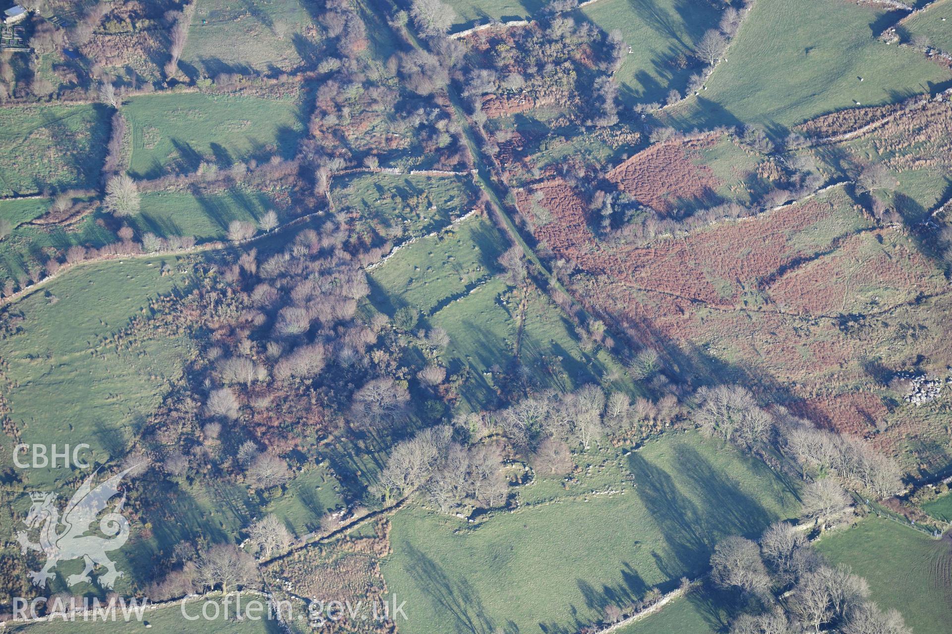 Oblique aerial photograph of Coed y Brain hut group and settlement taken during the Royal Commission