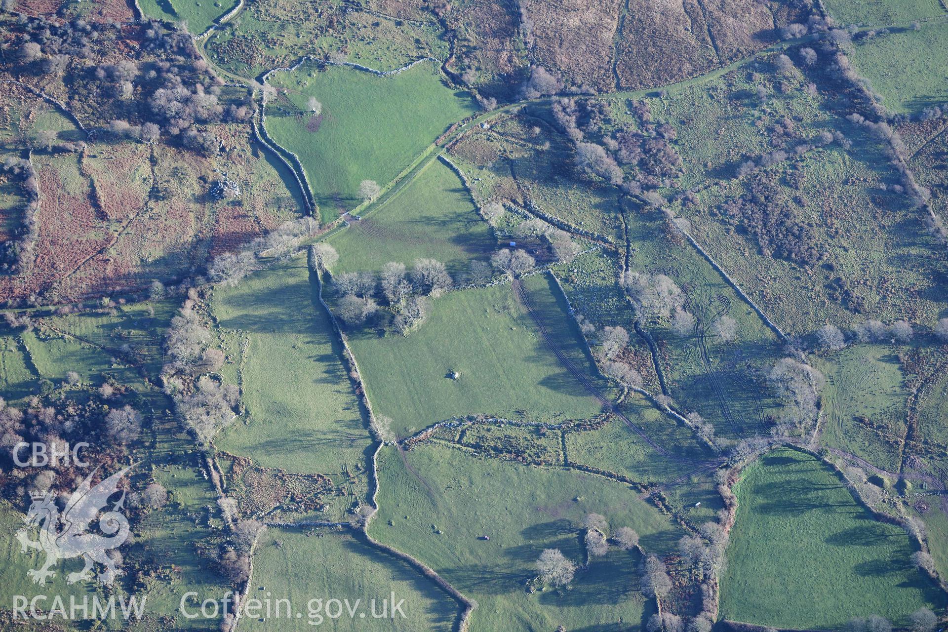 Oblique aerial photograph of the south part of hut group and settlement at Coed y Brain taken during the Royal Commission