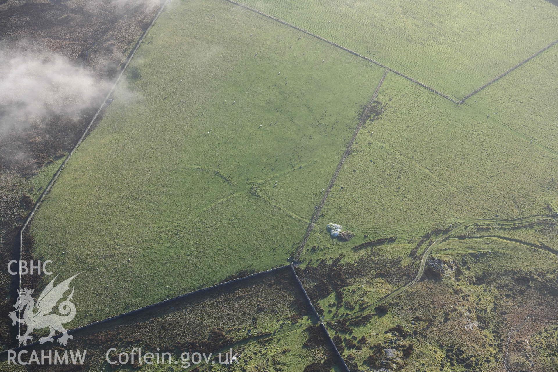 Oblique aerial photograph of relict field system to S of Moel Goedog enclosed settlement.  Taken during the Royal Commission