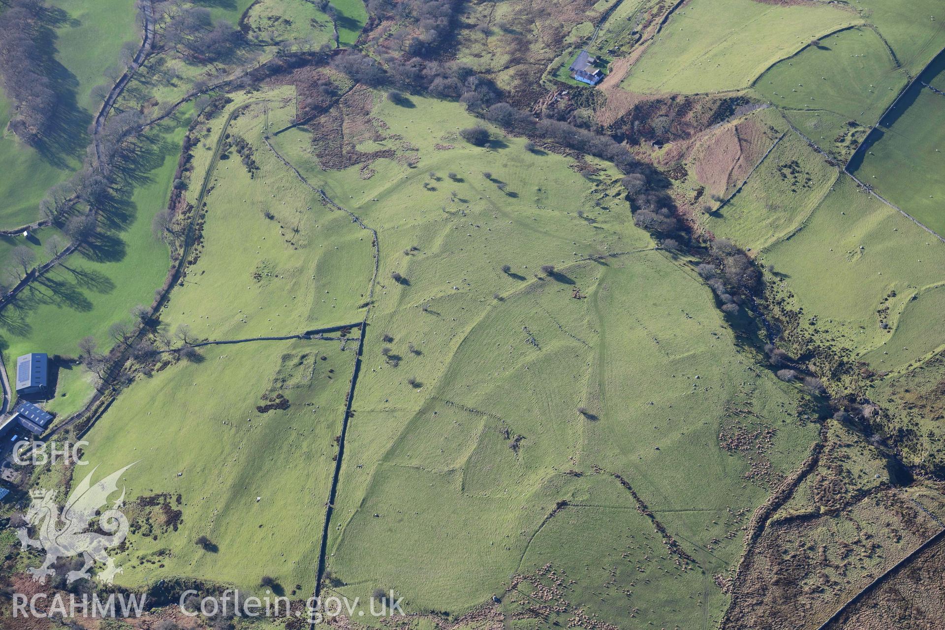 Oblique aerial photograph of Gelliffrydiau homestead and field systems. Taken during the Royal Commission