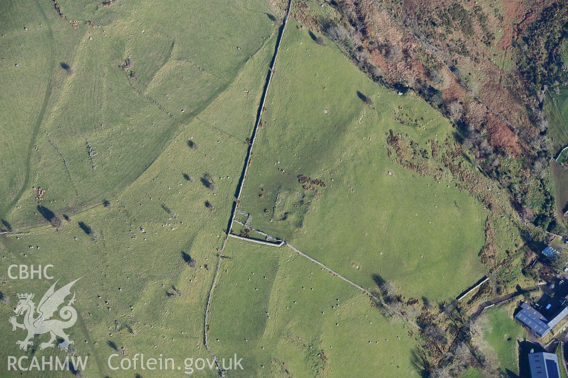 Oblique aerial photograph of Gelliffrydiau homestead and field systems. Taken during the Royal Commission