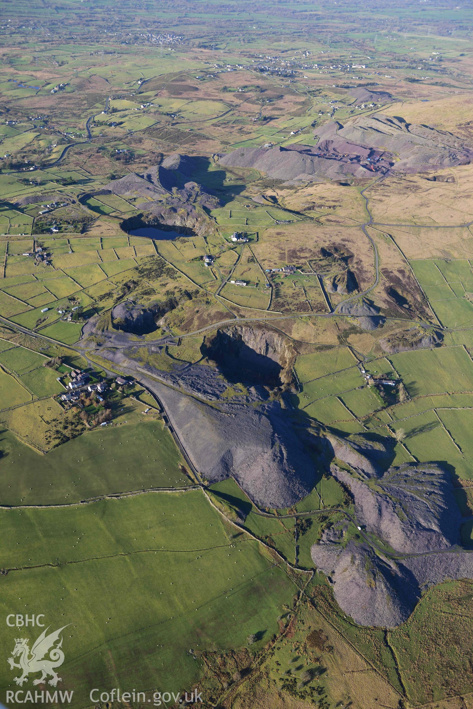 Oblique aerial photograph of Fron slate quarry taken during the Royal Commission