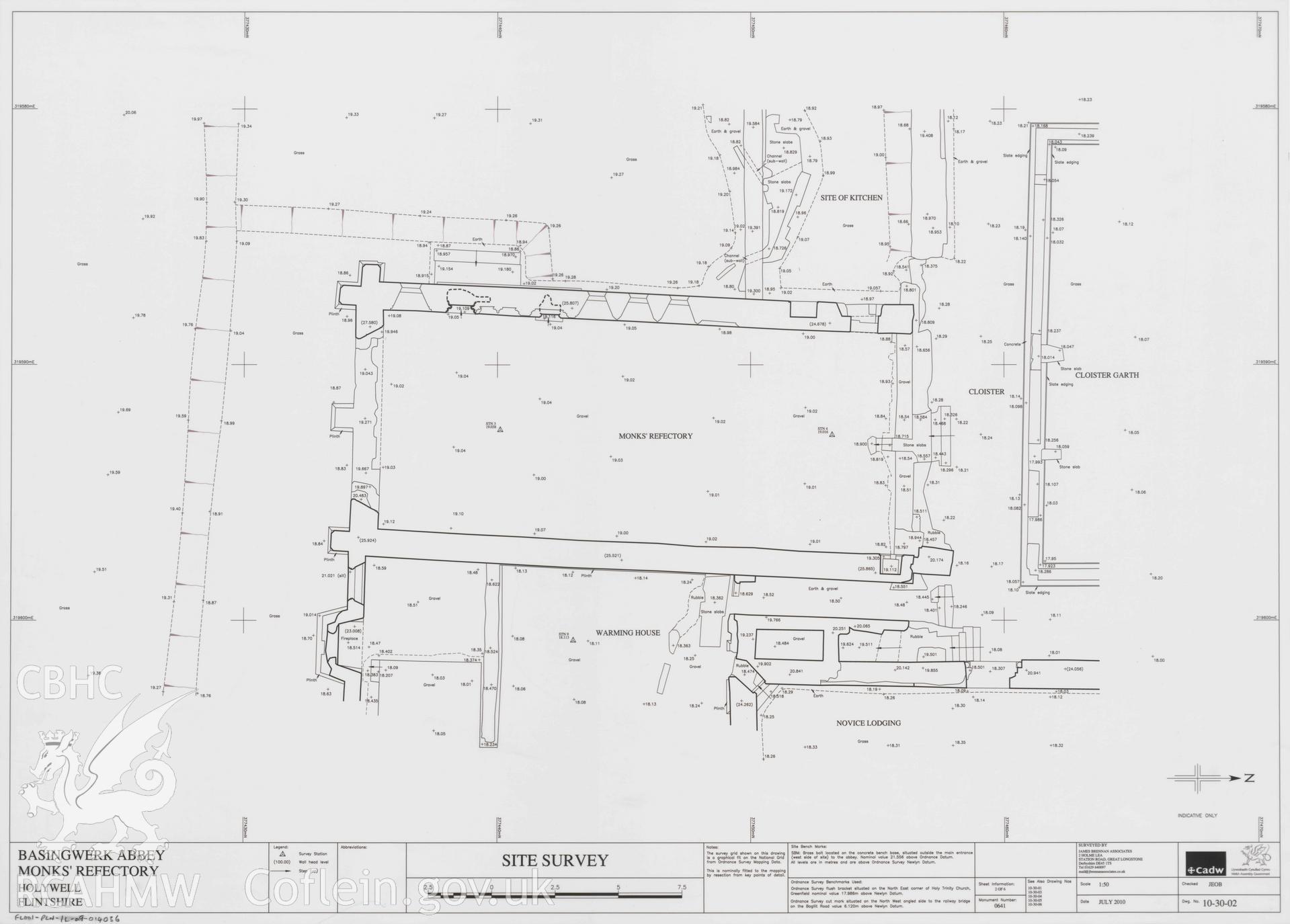 Cadw guardianship monument drawing of Basingwerk Abbey. Monks Refectory - Site Survey (Sheet 2 of 6). Digitised copy of original awaiting transfer from Cadw.