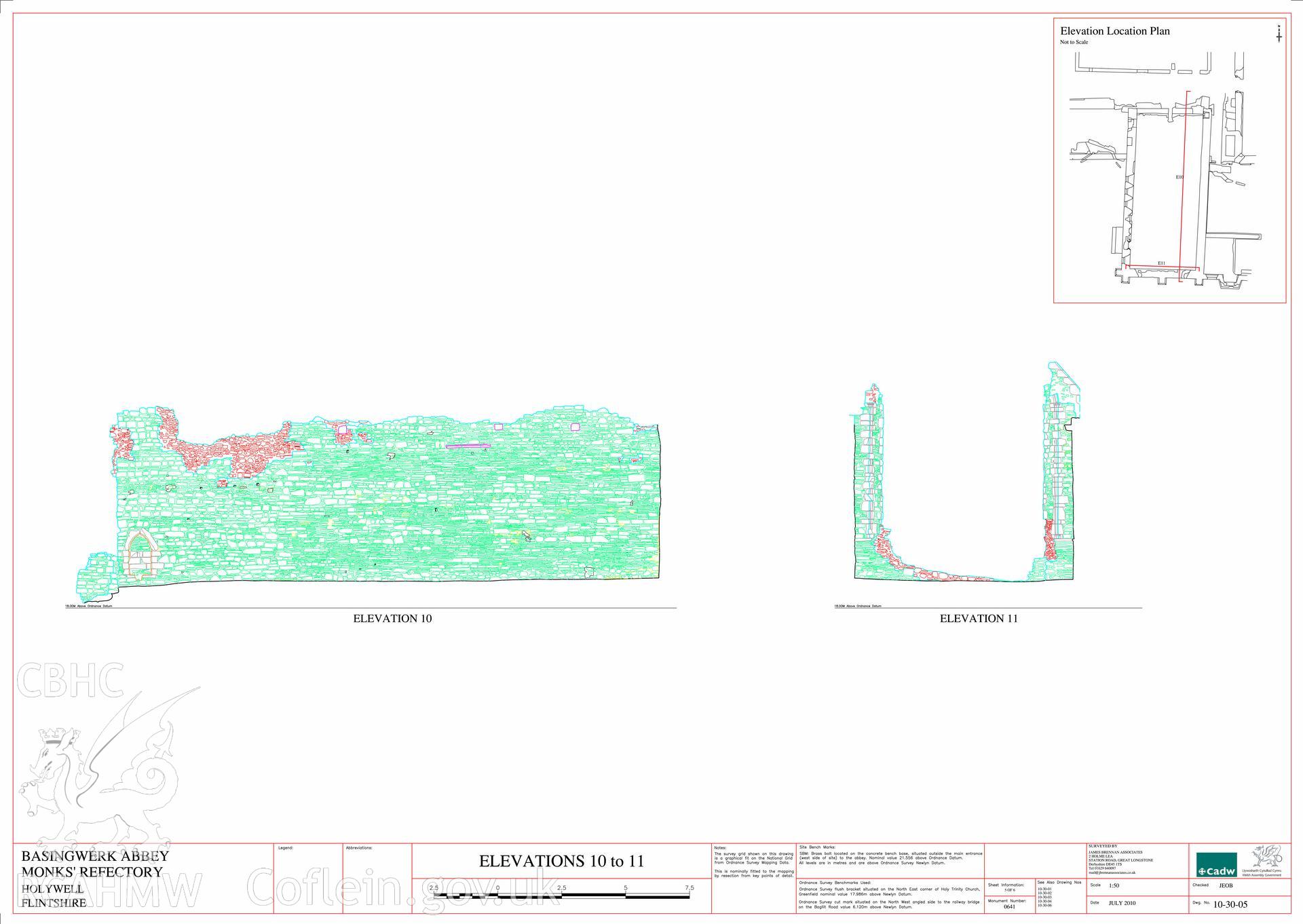 Cadw guardianship monument drawing of Basingwerk Abbey. Monks Refectory - Elevations 10 to 11 (Sheet 5 of 6). Digitised copy of original awaiting transfer from Cadw.