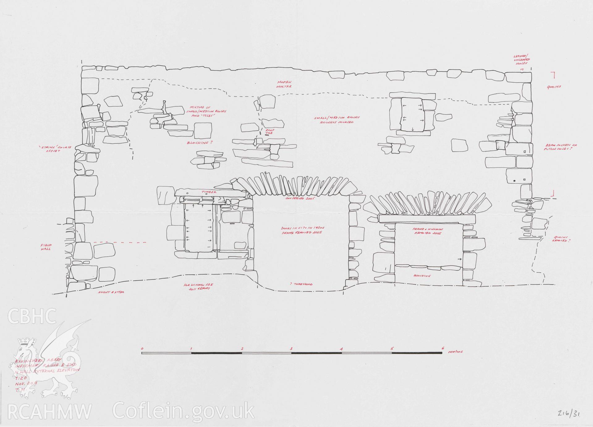 Cadw guardianship monument drawing of Basingwerk Abbey. N Wall External elevation-Anotaion. Digitised copy of original awaiting transfer from Cadw.