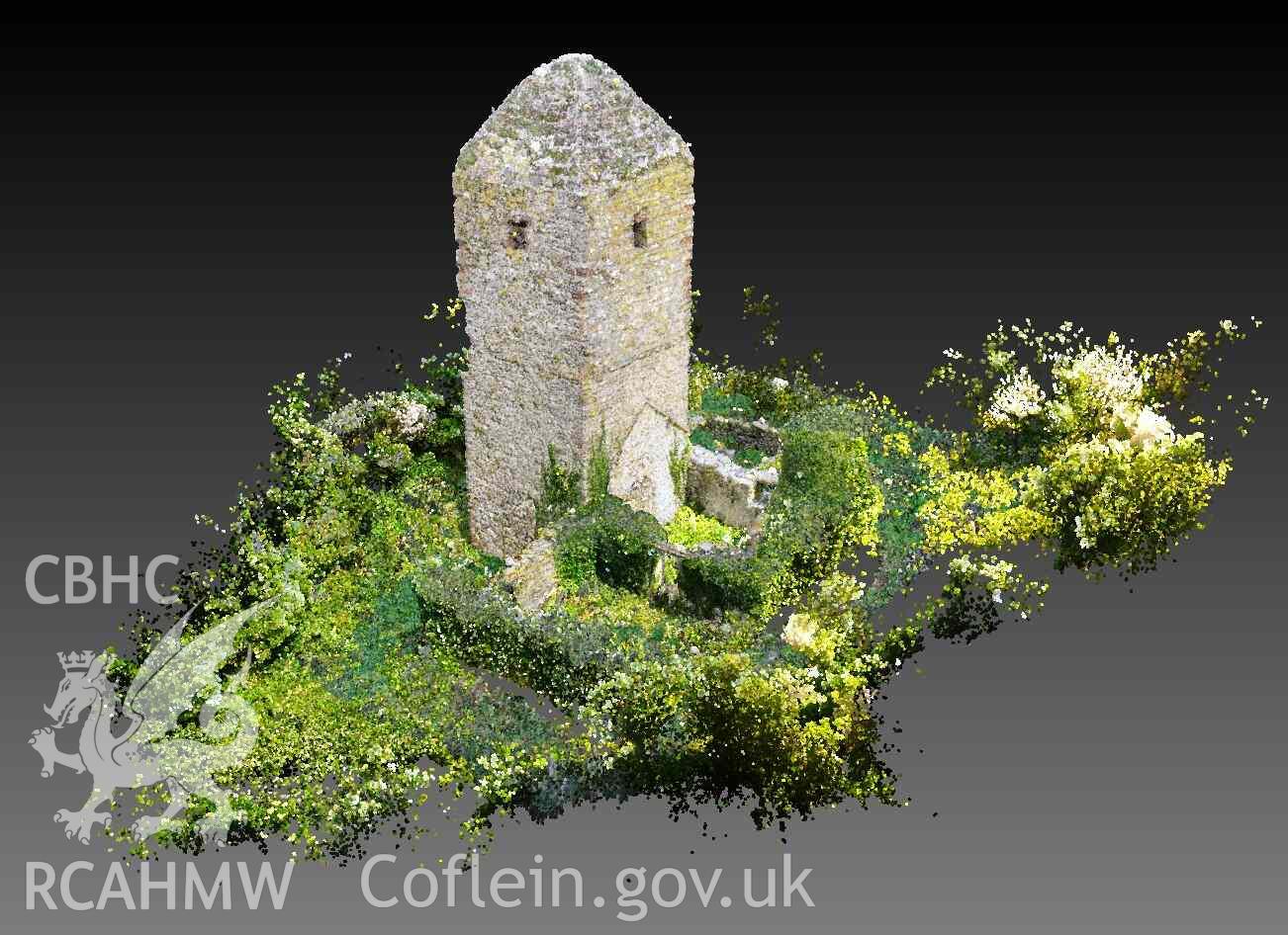 Image showing view of the overall point cloud looking northeast, produced from a laser scan of Puffin Island medieval church, conducted as part of the CHERISH project in June and November 2018.