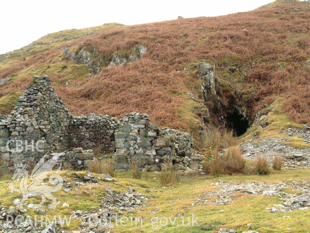 Photograph showing Berthlwyd Mine Office and main adit, taken by John Latham, 2002.