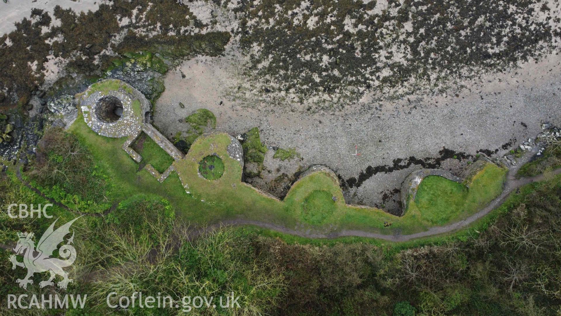 Overhead view of Solva Lime Kilns 1-4, taken on the 17/04/2023. Kiln No.1 is to the left, north is to the top of the image, scales are 1m.