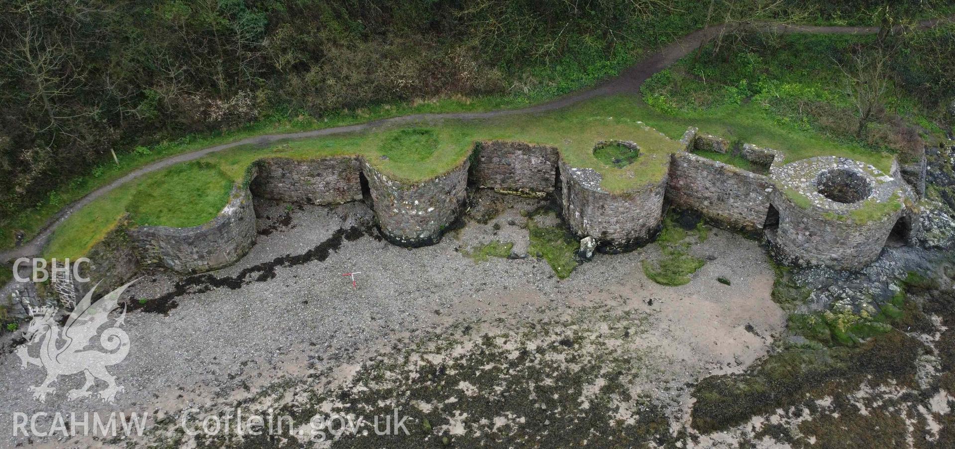 Oblique view of Solva Lime Kilns 1-4, taken on the 17/04/2023, looking south. Kiln No.1 is to the right, scales are 1m.