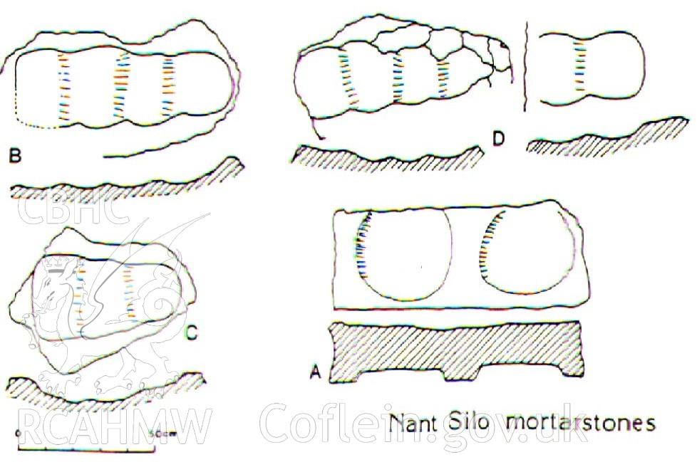 Digital image of early, but undated stamp mill site near Darren Mine: stamps stones - Thorburn, 1987