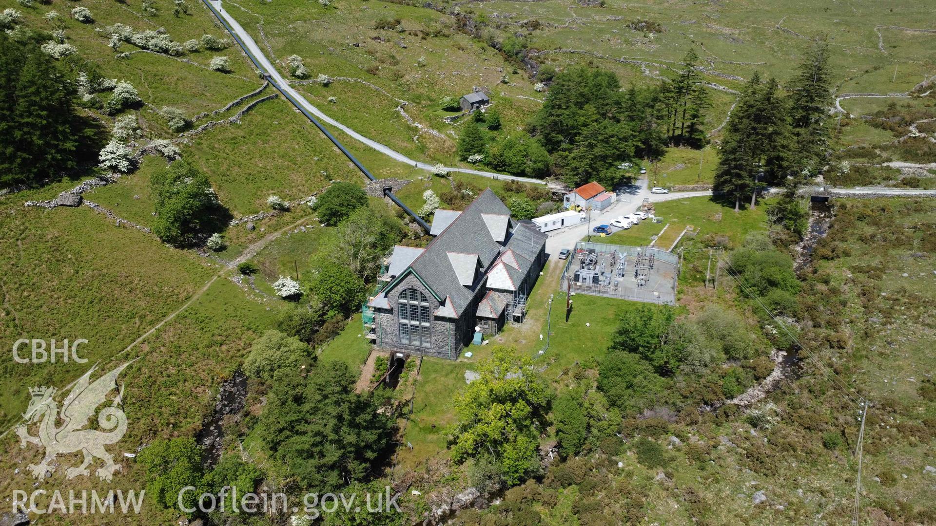 Digital photograph showing aerial view of Cwm Dyli Hydro-Electric Power Station. Taken in May 2023 by John Rowlands.