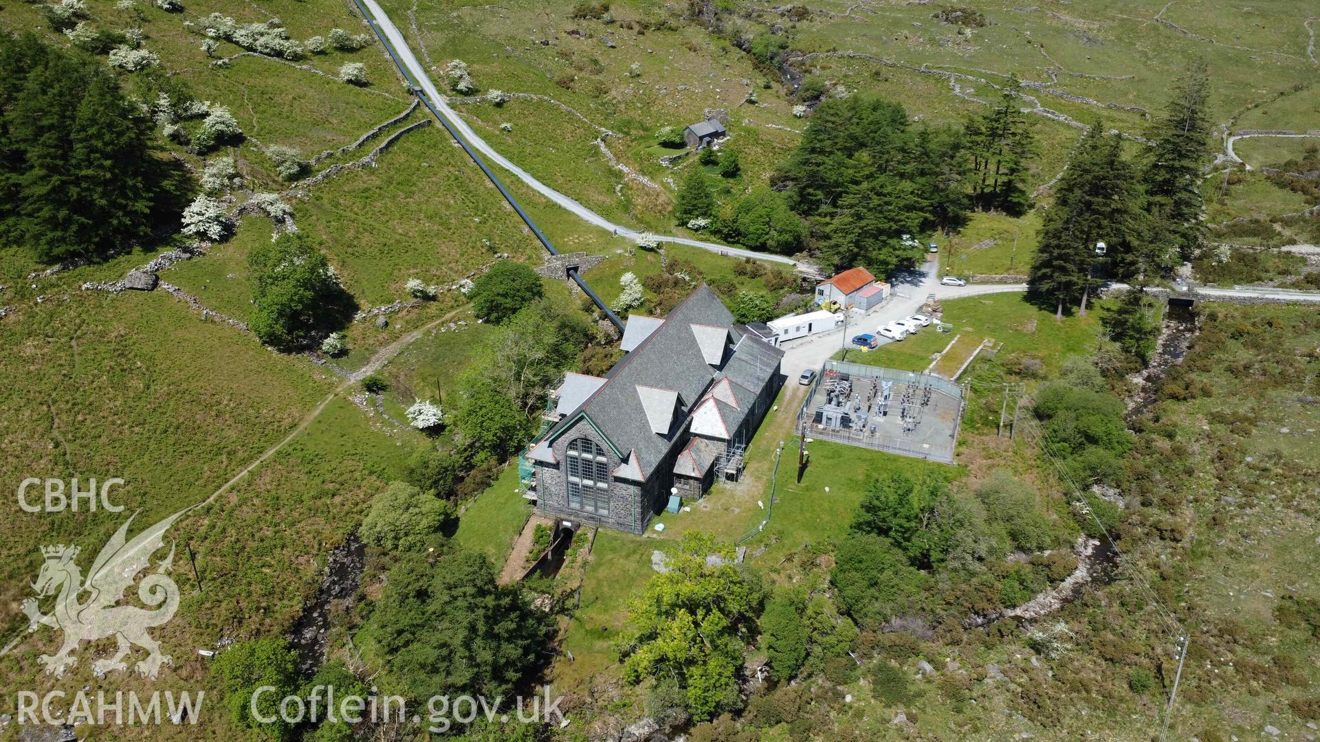 Digital photograph showing aerial view of Cwm Dyli Hydro-Electric Power Station. Taken in May 2023 by John Rowlands.