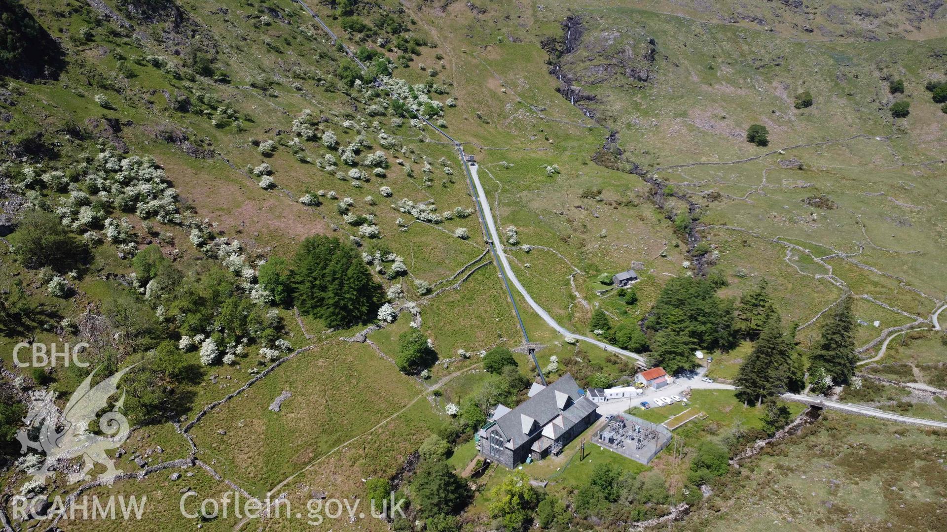 Digital photograph showing aerial view of Cwm Dyli Hydro-Electric Power Station. Taken in May 2023 by John Rowlands.